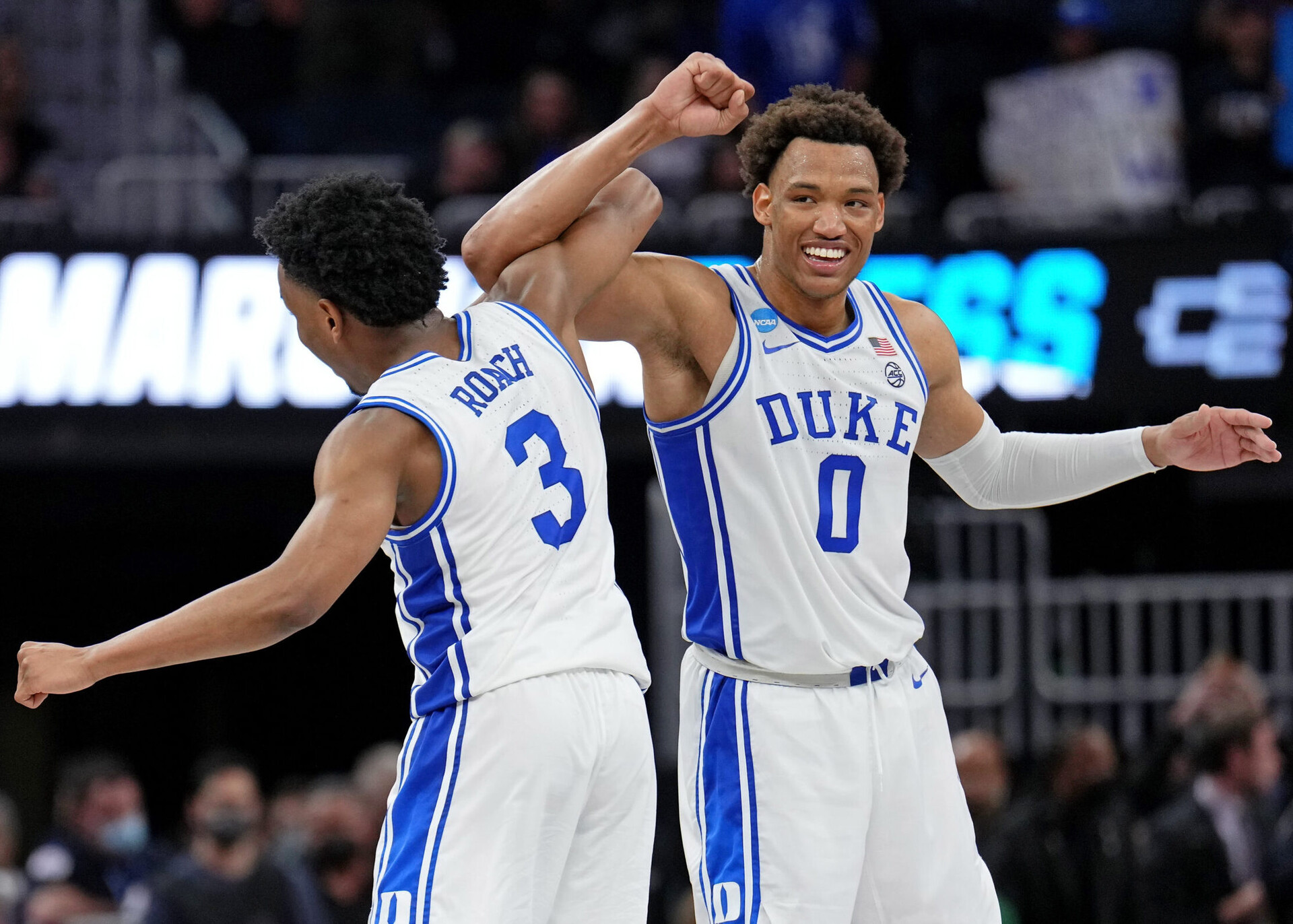 Duke Blue Devils guard Jeremy Roach (3) and forward Wendell Moore Jr. (0) reacts after a play against the Texas Tech Red Raiders during the second half in the semifinals of the West regional of the men's college basketball NCAA Tournament at Chase Center. The Duke Blue Devils won 78-73 at Chase Center in San Francisco on Thursday, March 24, 2022.