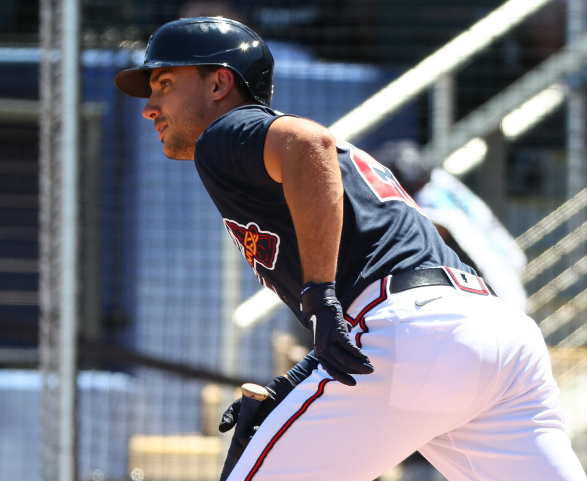 Atlanta Braves first baseman Matt Olson runs to first base after hitting a sacrifice fly during a spring training game against the Boston Red Sox