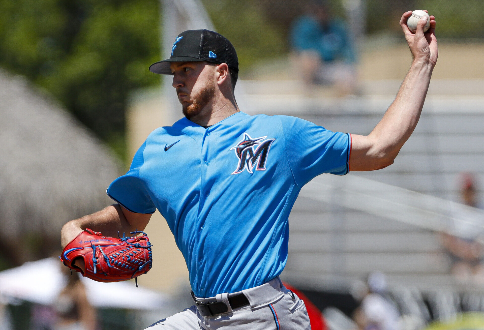 Miami Marlins left-handed starting pitcher Trevor Rogers delivers a pitch in the first inning of the game against the St. Louis Cardinals during spring training