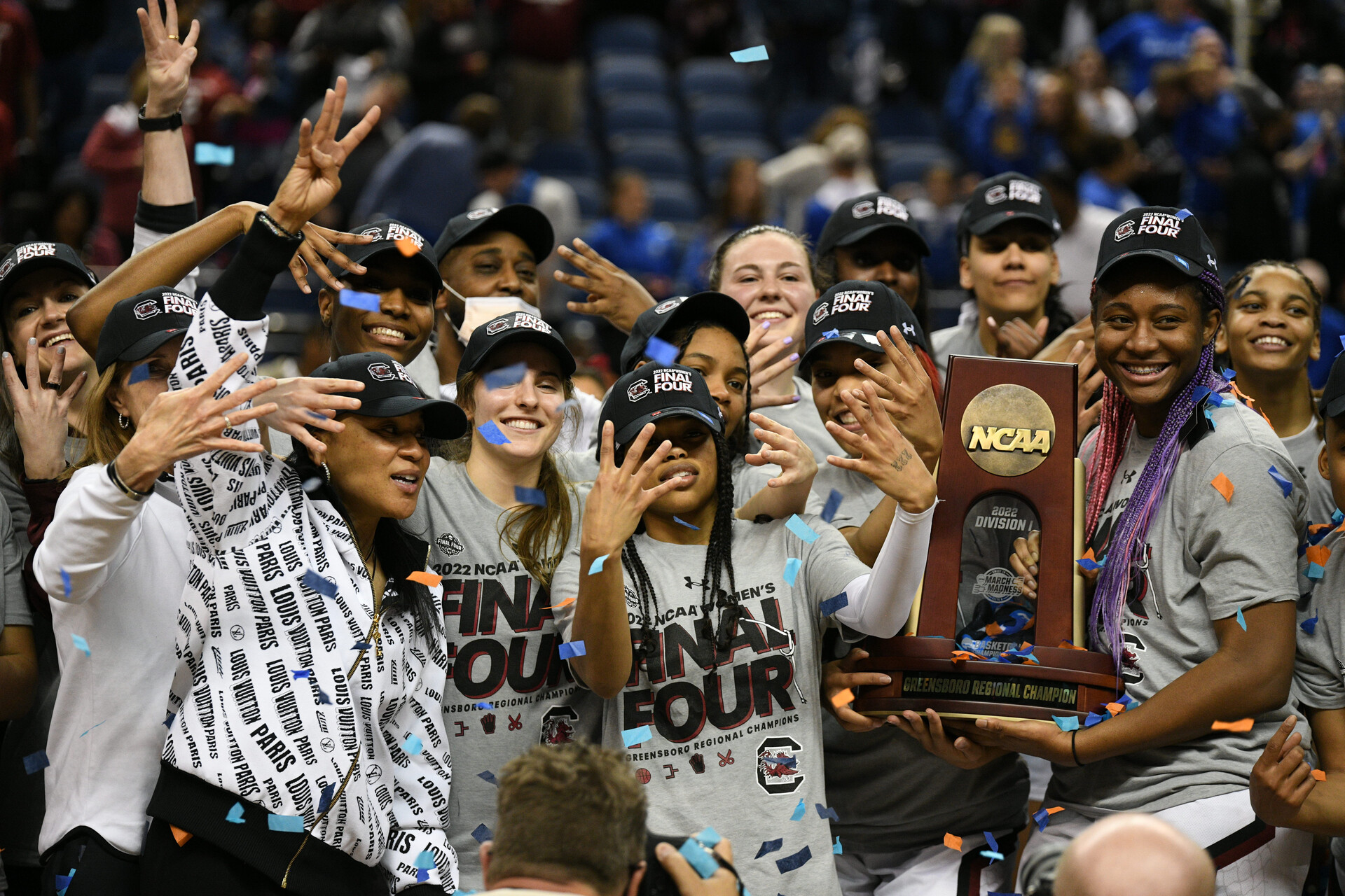 The South Carolina Gamecocks celebrate a trip to the NCAA Women's Final Four after winning the Greensboro Region with a victory over Creighton