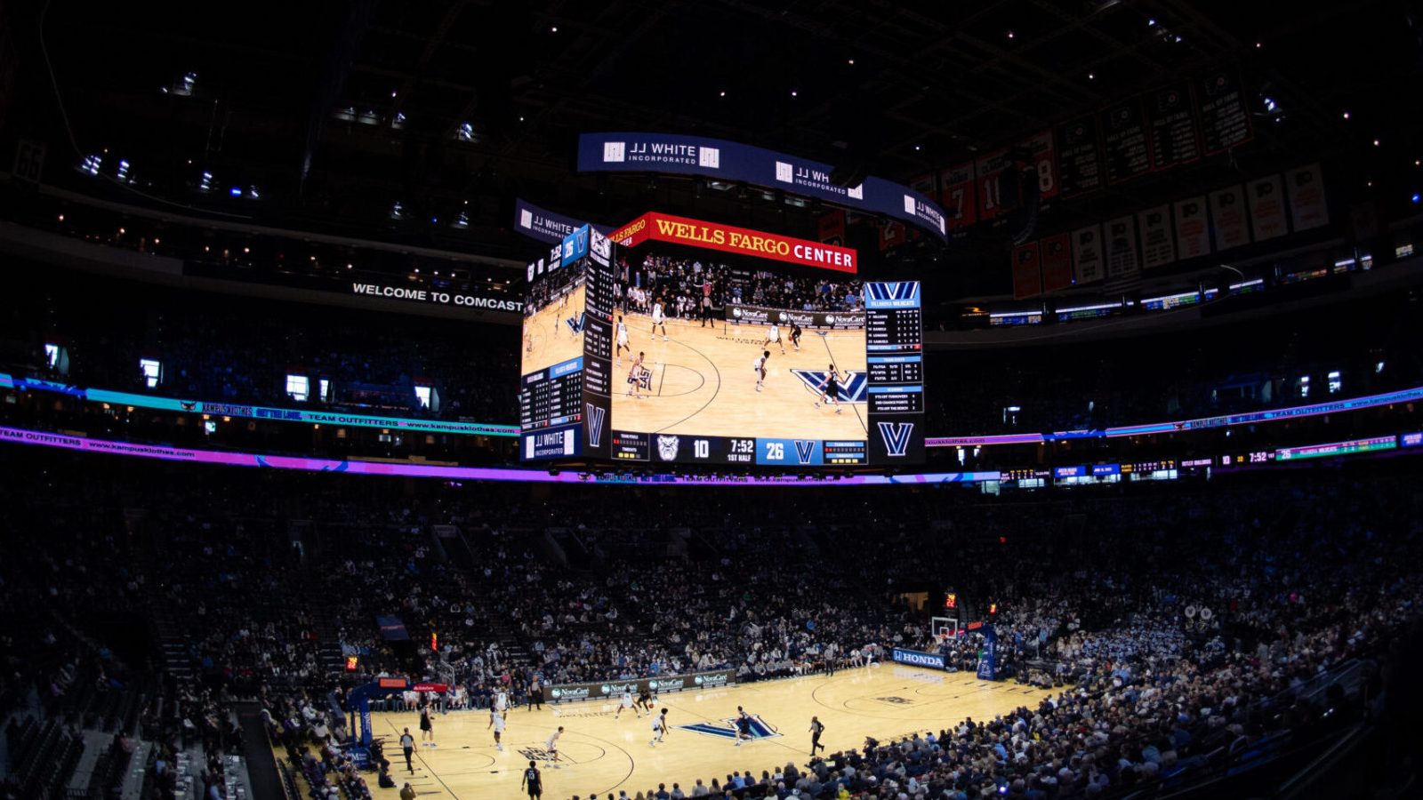 A wide interior view of the Wells Fargo Center during the mens college basketball game between the Butler Bulldogs and Villanova Wildcats on January 16, 2022, at Wells Fargo Center in Philadelphia, PA
