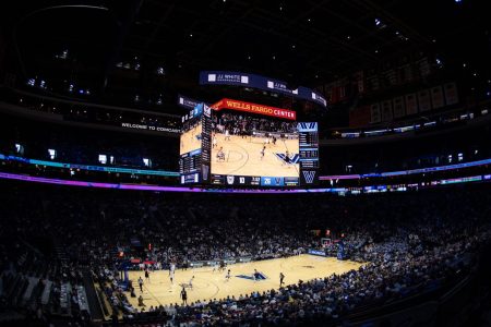 A wide interior view of the Wells Fargo Center during the mens college basketball game between the Butler Bulldogs and Villanova Wildcats on January 16, 2022, at Wells Fargo Center in Philadelphia, PA