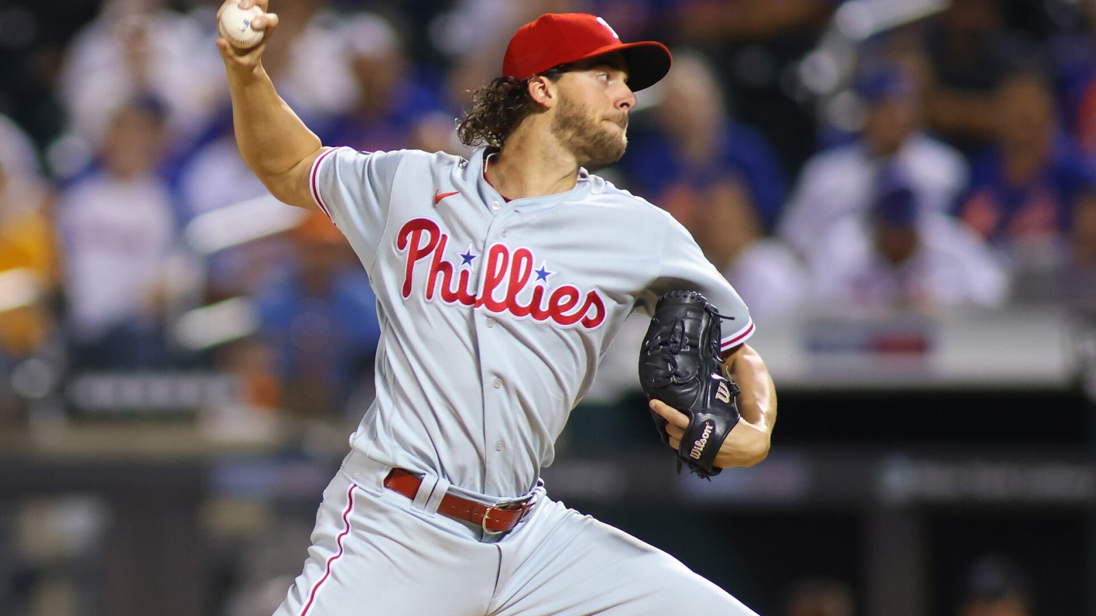 Aaron Nola #27 of the Philadelphia Phillies in action against the New York Mets at Citi Field on September 18, 2021 in New York City. Philadelphia Phillies defeated the New York Mets 5-3.