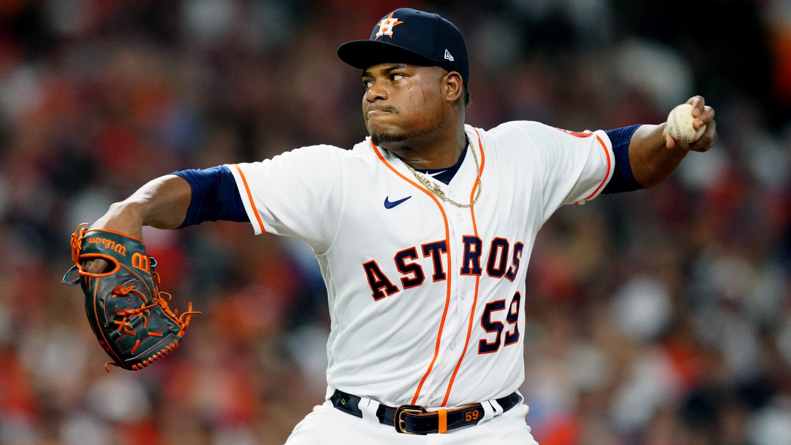 Framber Valdez #59 of the Houston Astros pitches during Game 1 of the 2021 World Series between the Atlanta Braves and the Houston Astros at Minute Maid Park on Tuesday, October 26, 2021 in Houston, Texas.
