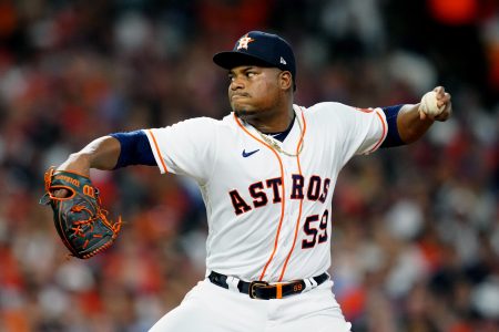 Framber Valdez #59 of the Houston Astros pitches during Game 1 of the 2021 World Series between the Atlanta Braves and the Houston Astros at Minute Maid Park on Tuesday, October 26, 2021 in Houston, Texas.