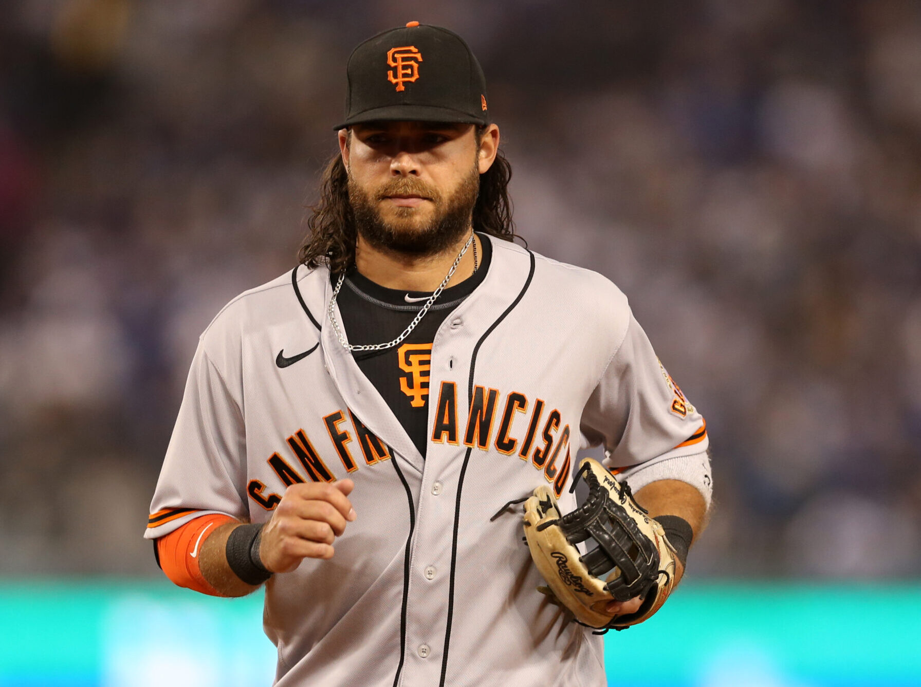 Brandon Crawford #23 of the San Francisco Giants looks on during Game 3 of the NLDS between the San Francisco Giants and the Los Angeles Dodgers at Dodgers Stadium on Monday, October 11, 2021 in Los Angeles, California.