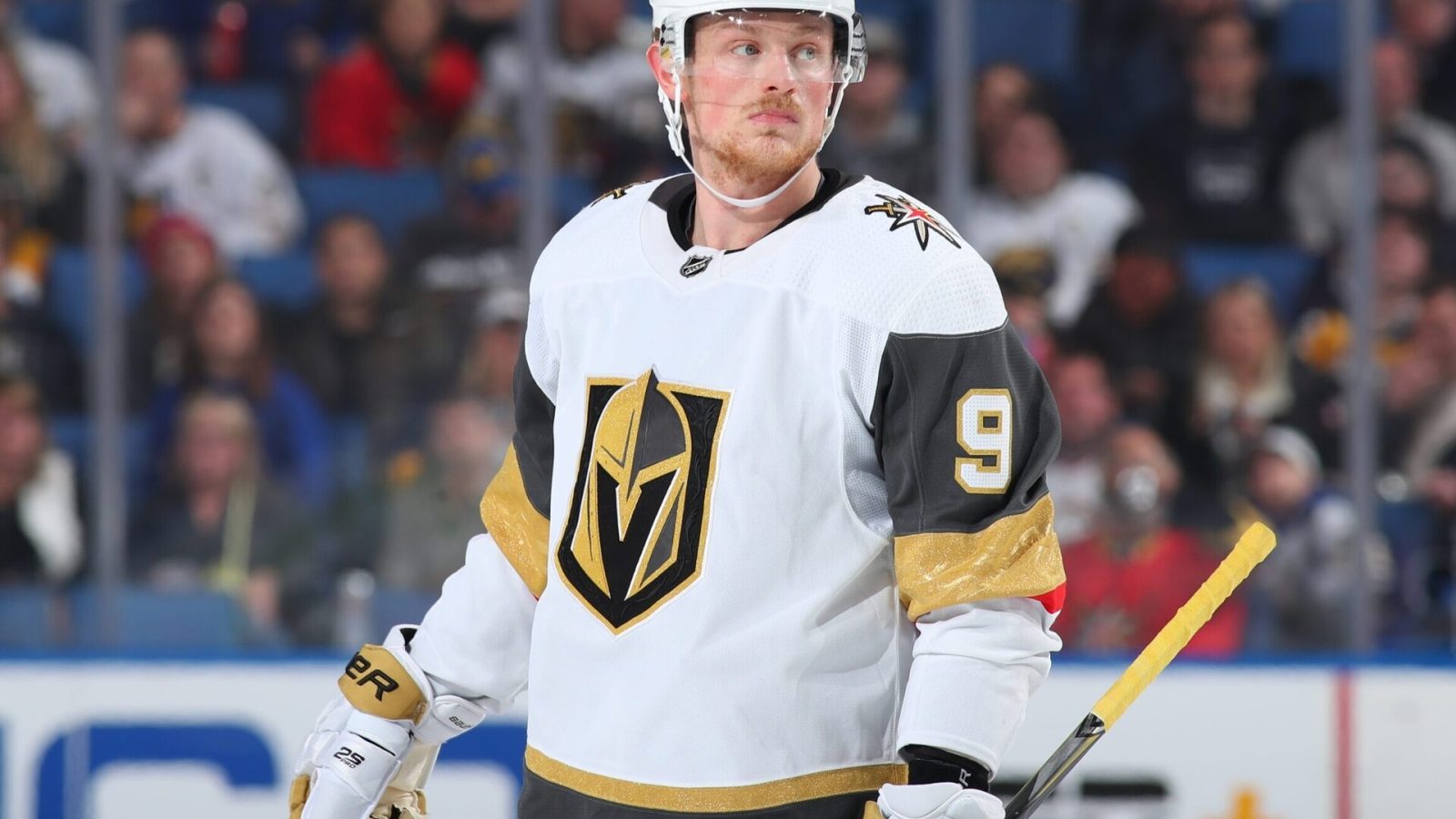 Jack Eichel #9 of the Vegas Golden Knights prepares for a faceoff against the Buffalo Sabres during an NHL game on March 10, 2022 at KeyBank Center in Buffalo, New York