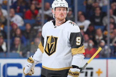 Jack Eichel #9 of the Vegas Golden Knights prepares for a faceoff against the Buffalo Sabres during an NHL game on March 10, 2022 at KeyBank Center in Buffalo, New York
