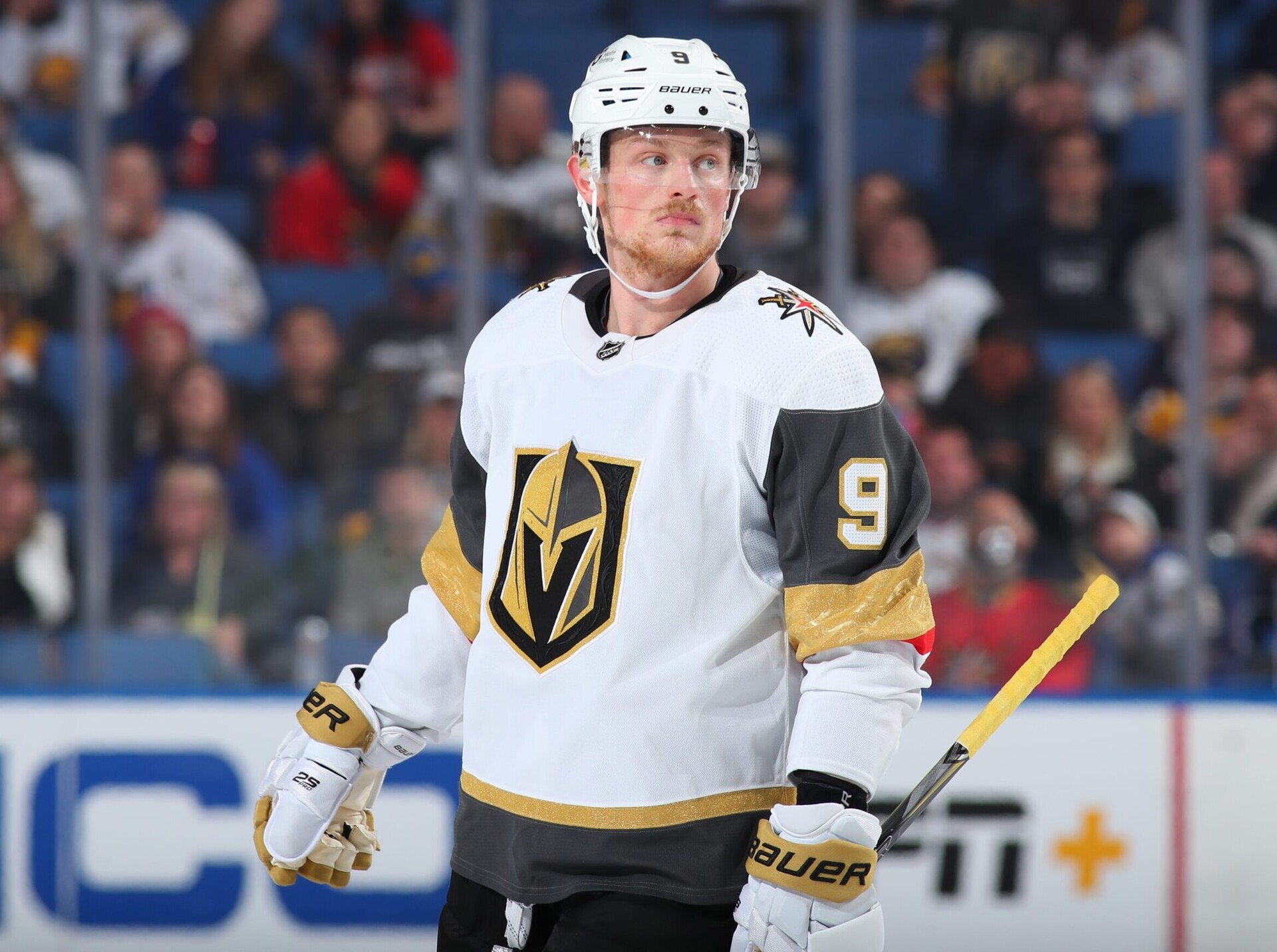 Jack Eichel #9 of the Vegas Golden Knights prepares for a faceoff against the Buffalo Sabres during an NHL game on March 10, 2022 at KeyBank Center in Buffalo, New York