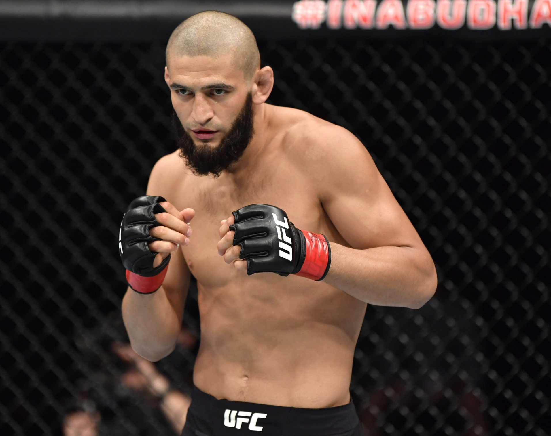 UFC fighter Khamzat Chimaev shows off his fighting stance just before the start of his welterweight bout against Rhys McKee during a UFC Fight Night event