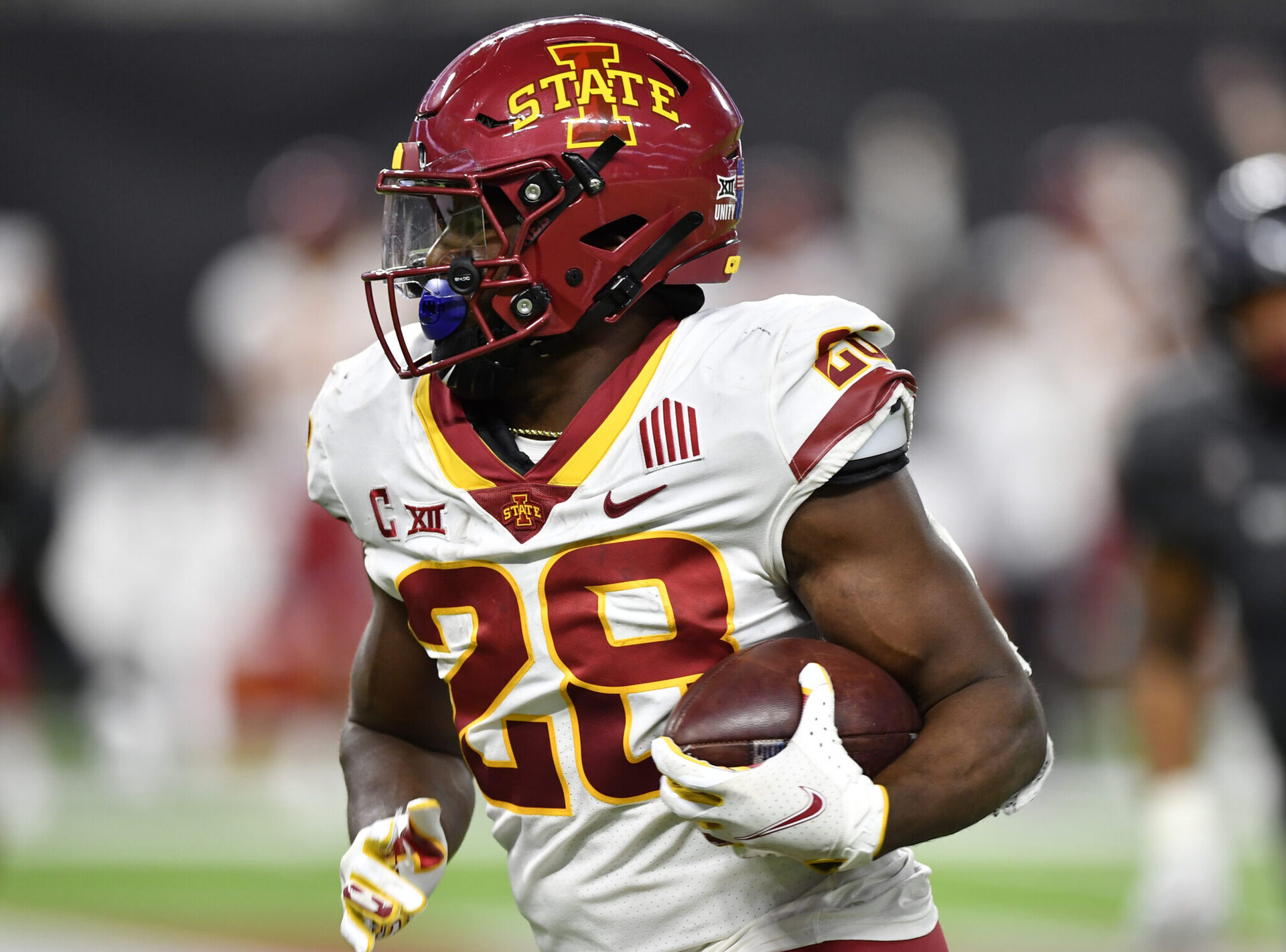 Iowa State unning back Breece Hall, shown during a game in the 2021-22 season.