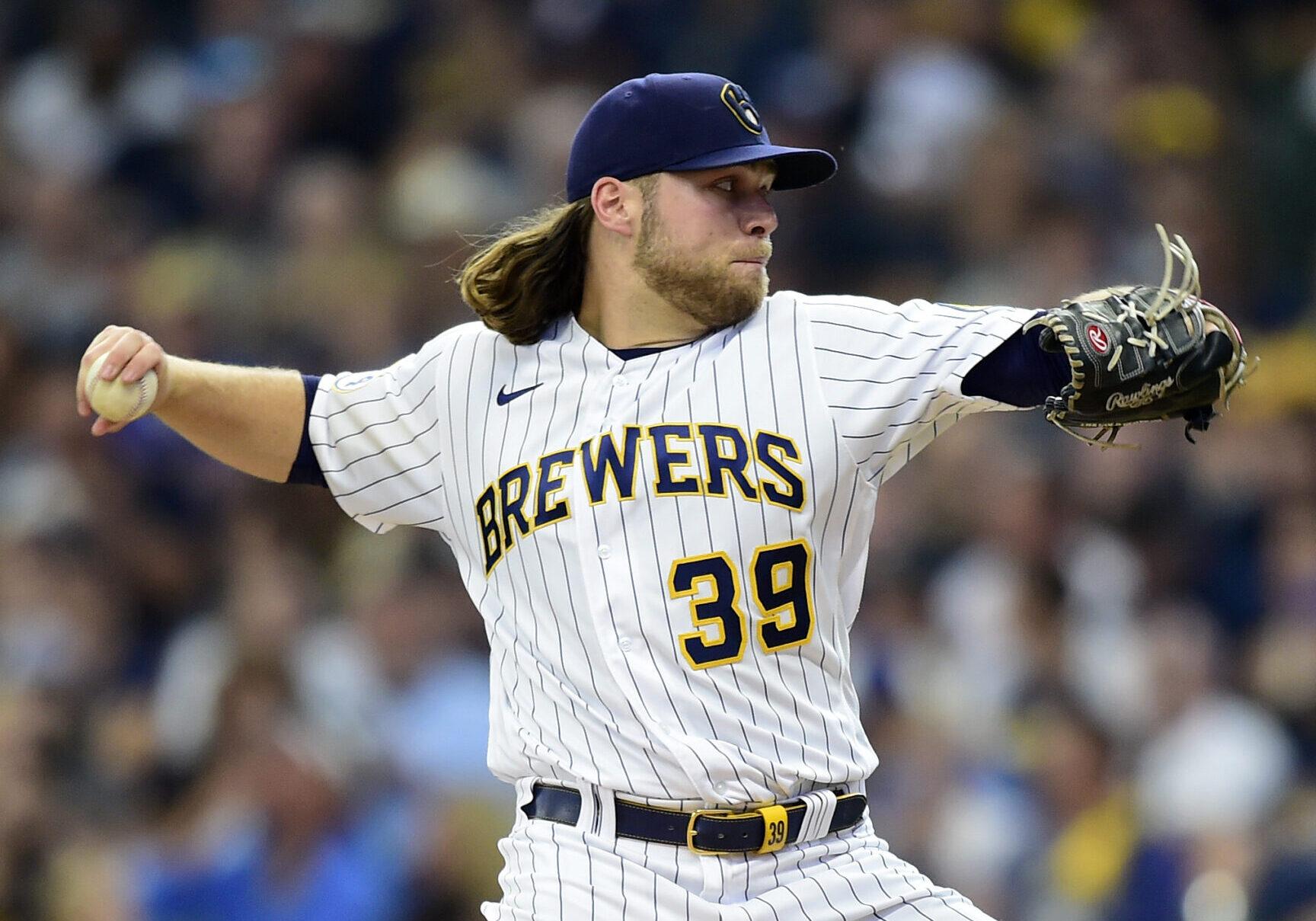 Corbin Burnes #39 of the Milwaukee Brewers pitches in the third inning during game 1 of the National League Division Series against the Atlanta Braves