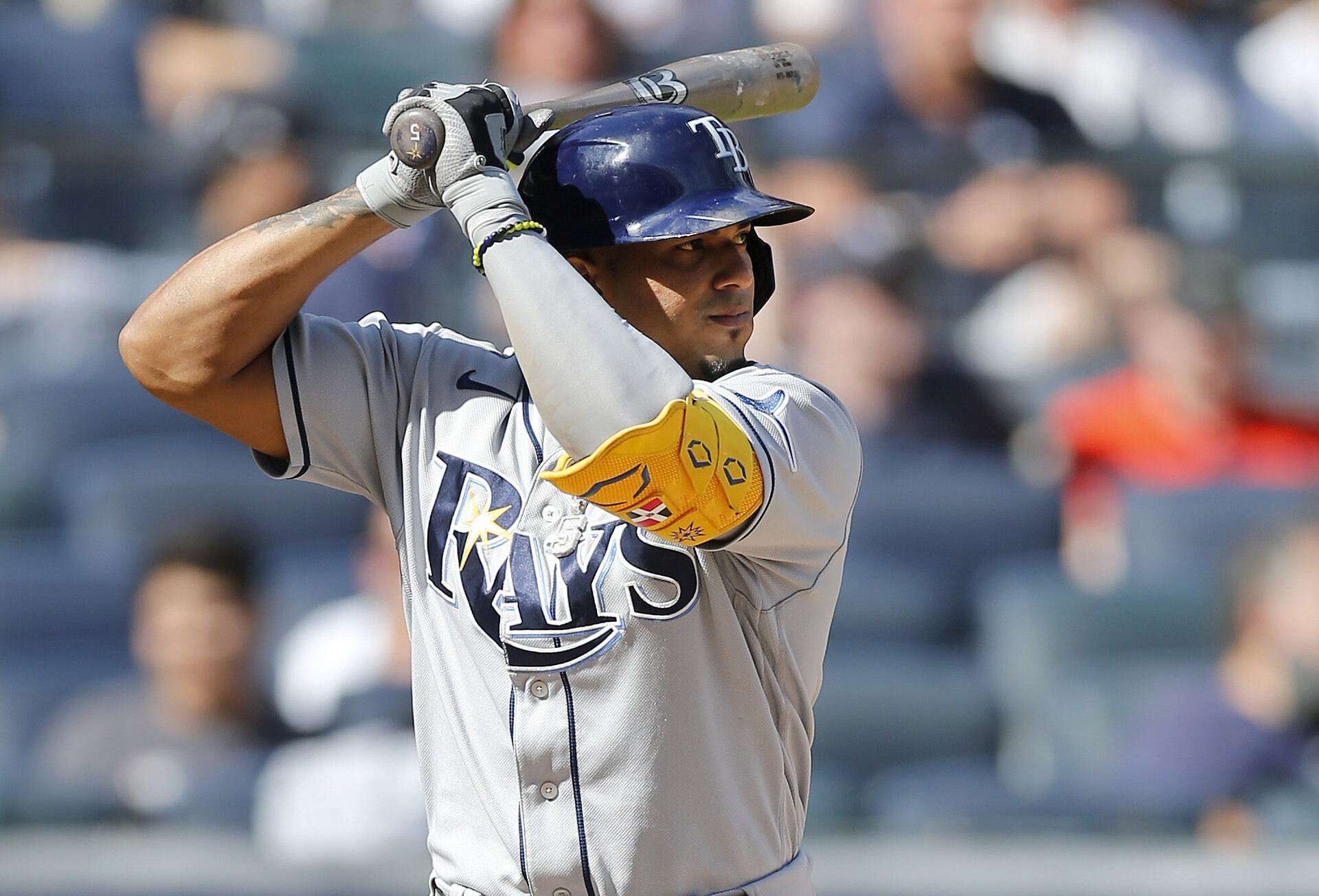 Wander Franco #5 of the Tampa Bay Rays in action against the New York Yankees