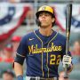 Christian Yelich #22 of the Milwaukee Brewers bats during the second inning against the Atlanta Braves in game four of the National League Division Series at Truist Park on October 12, 2021 in Atlanta, Georgia.