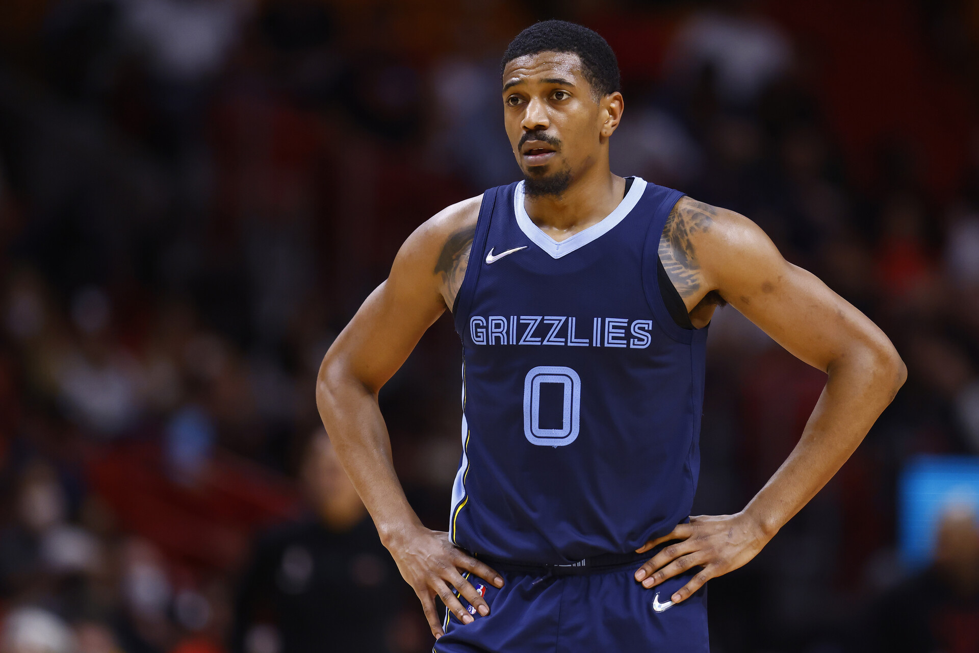 De'Anthony Melton #0 of the Memphis Grizzlies looks on against the Miami Heat at FTX Arena on December 06, 2021 in Miami, Florida.