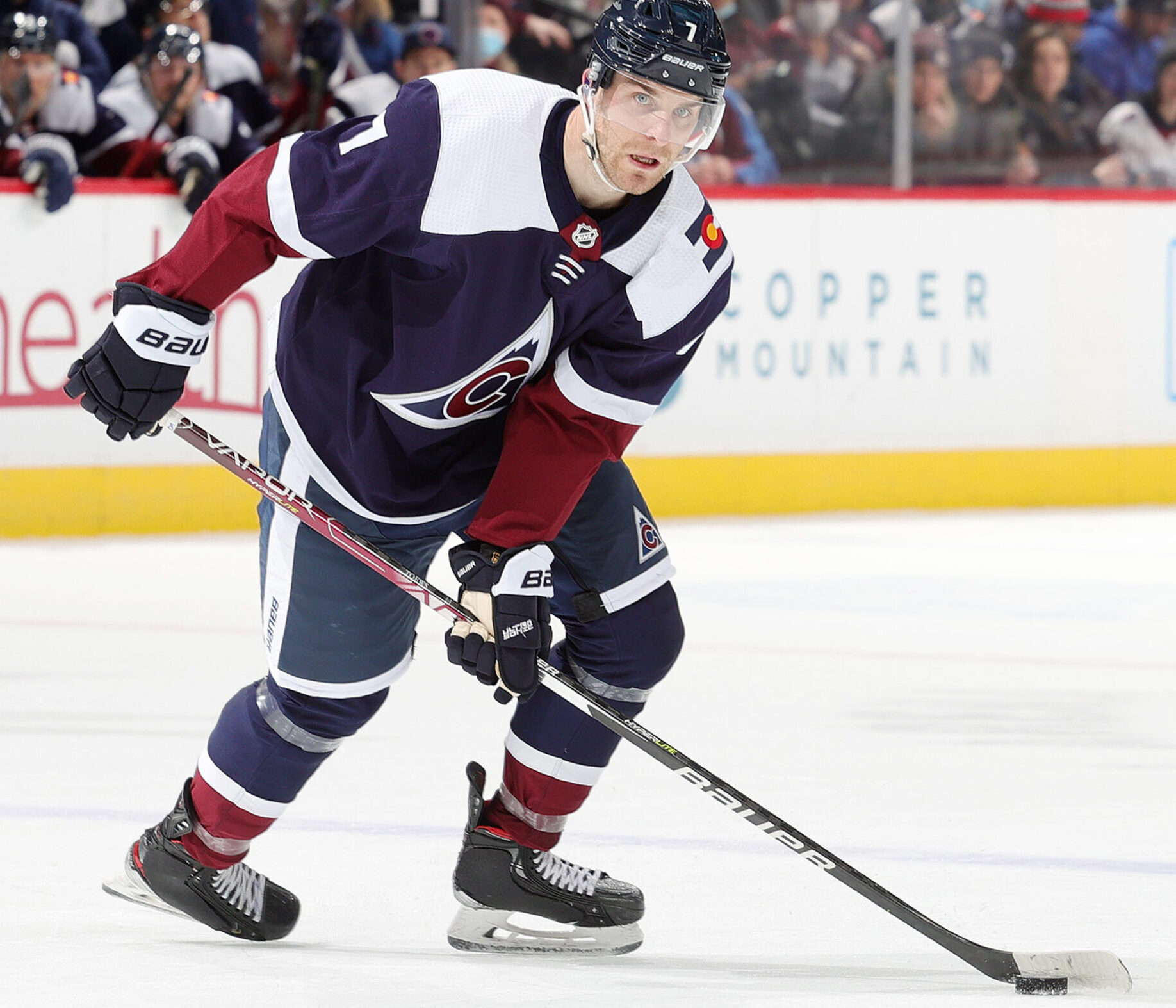 Devon Toews #7 of the Colorado Avalanche skates against the Arizona Coyotes