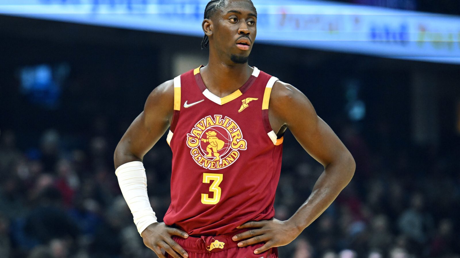 Caris LeVert #3 of the Cleveland Cavaliers pauses between plays during the first half against the San Antonio Spurs at Rocket Mortgage Fieldhouse on February 09, 2022 in Cleveland, Ohio.