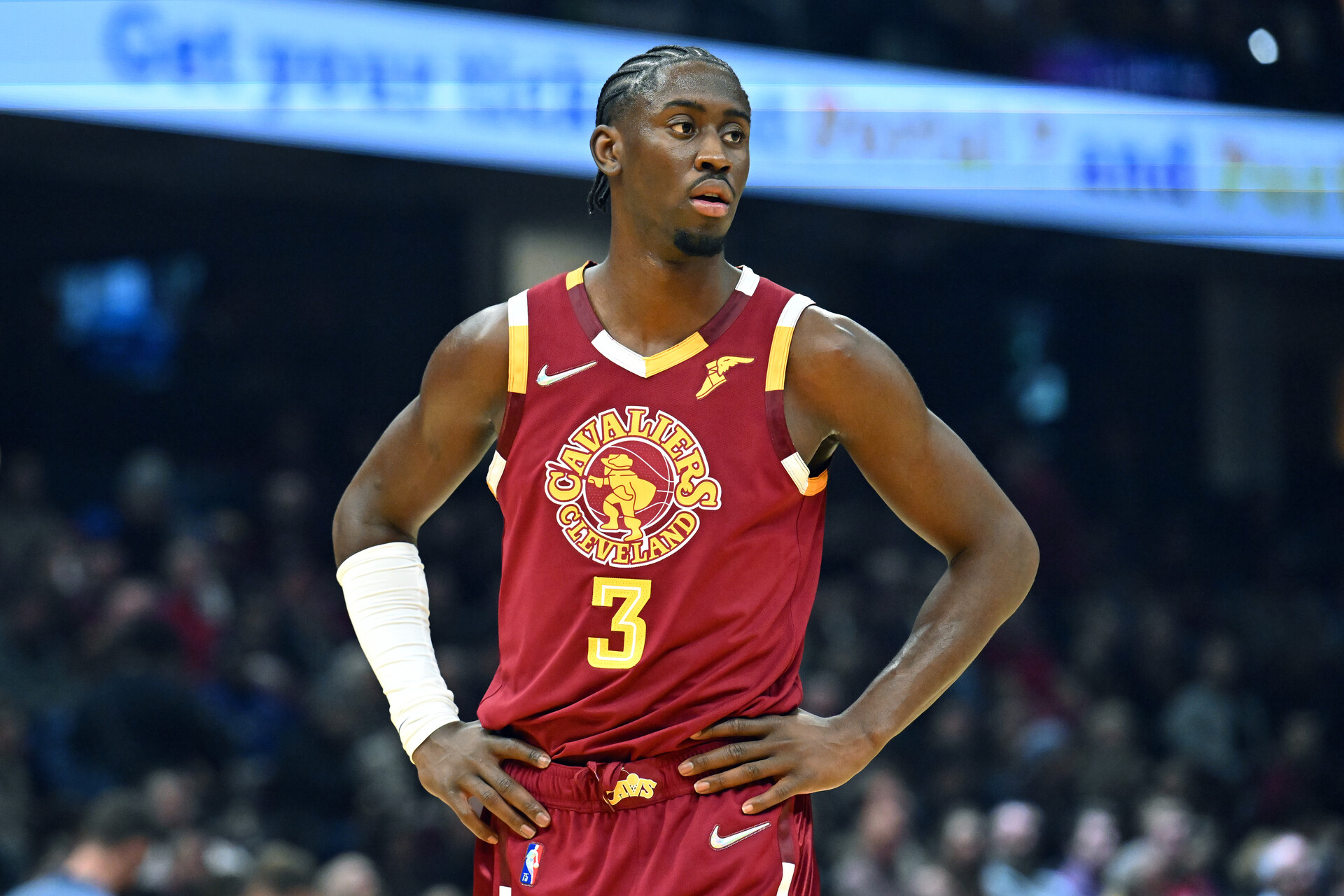 Caris LeVert #3 of the Cleveland Cavaliers pauses between plays during the first half against the San Antonio Spurs at Rocket Mortgage Fieldhouse on February 09, 2022 in Cleveland, Ohio.