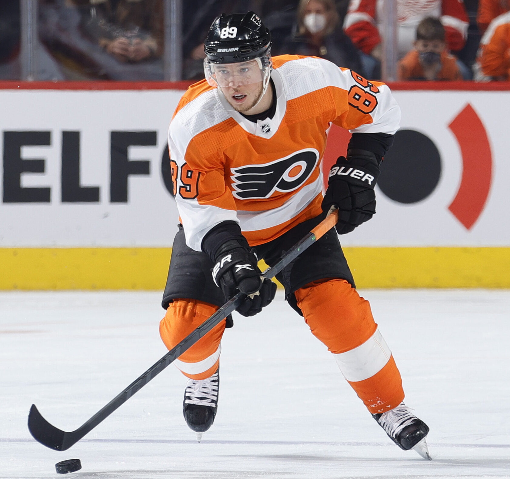 Cam Atkinson #89 of the Philadelphia Flyers skates with the puck against the Detroit Red Wings