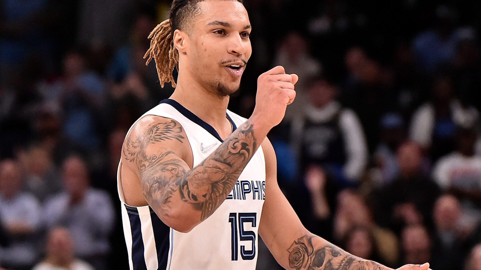 Brandon Clarke #15 of the Memphis Grizzlies reacts during the second half against the New York Knicks at FedExForum on March 11, 2022 in Memphis, Tennessee.