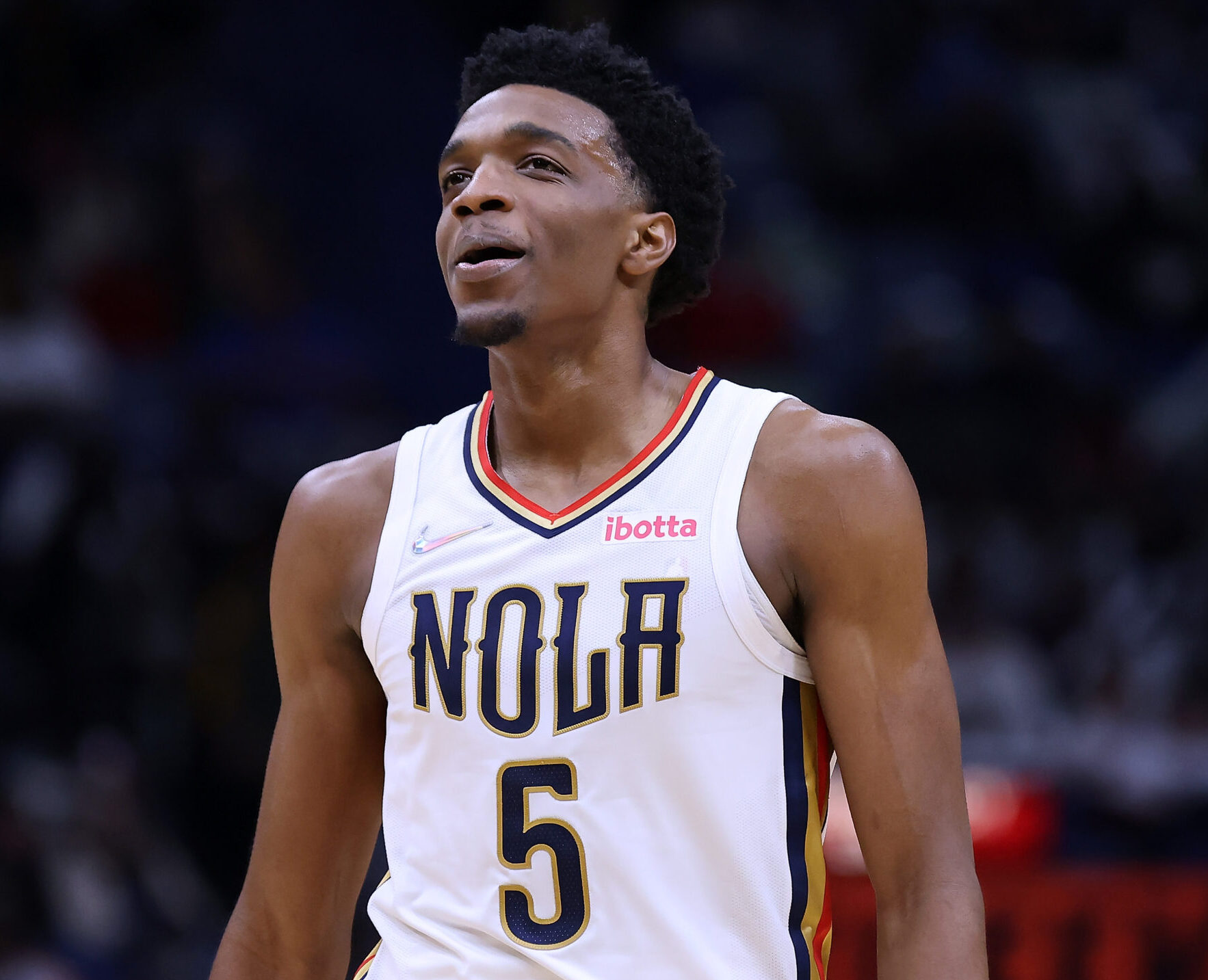 Herbert Jones #5 of the New Orleans Pelicans reacts against the Utah Jazz during a game at the Smoothie King Center on March 04, 2022 in New Orleans, Louisiana.