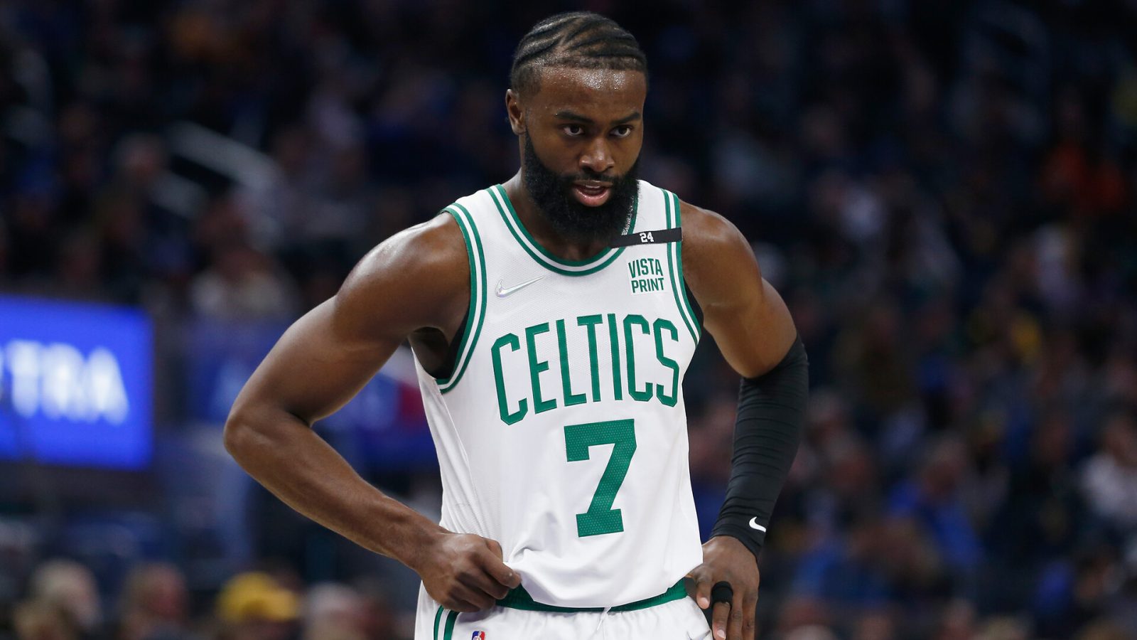 Jaylen Brown #7 of the Boston Celtics looks on in the first quarter against the Golden State Warriors at Chase Center on March 16, 2022 in San Francisco, California.