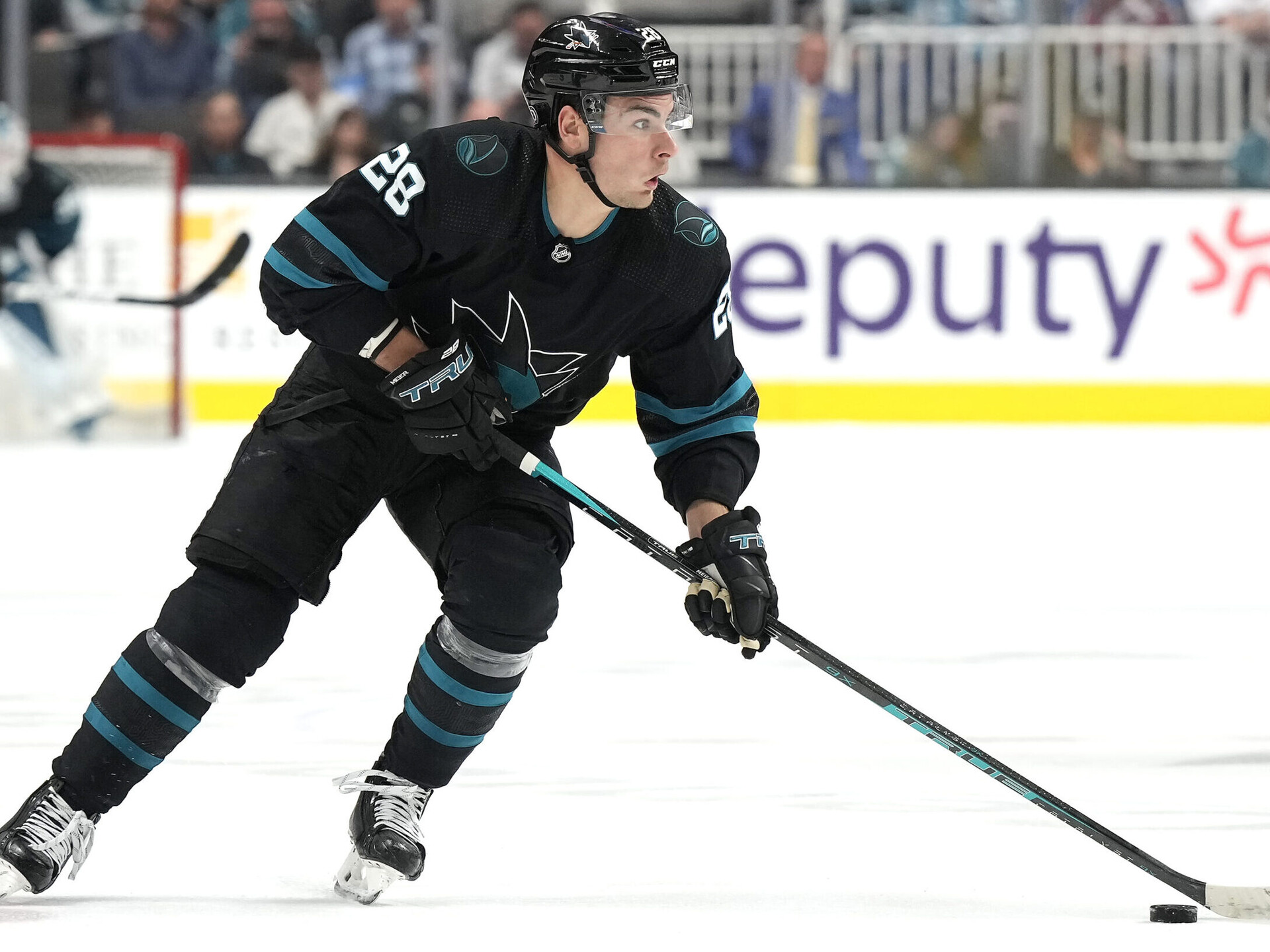 Timo Meier #28 of the San Jose Sharks skates with control of the puck against the Colorado Avalanche