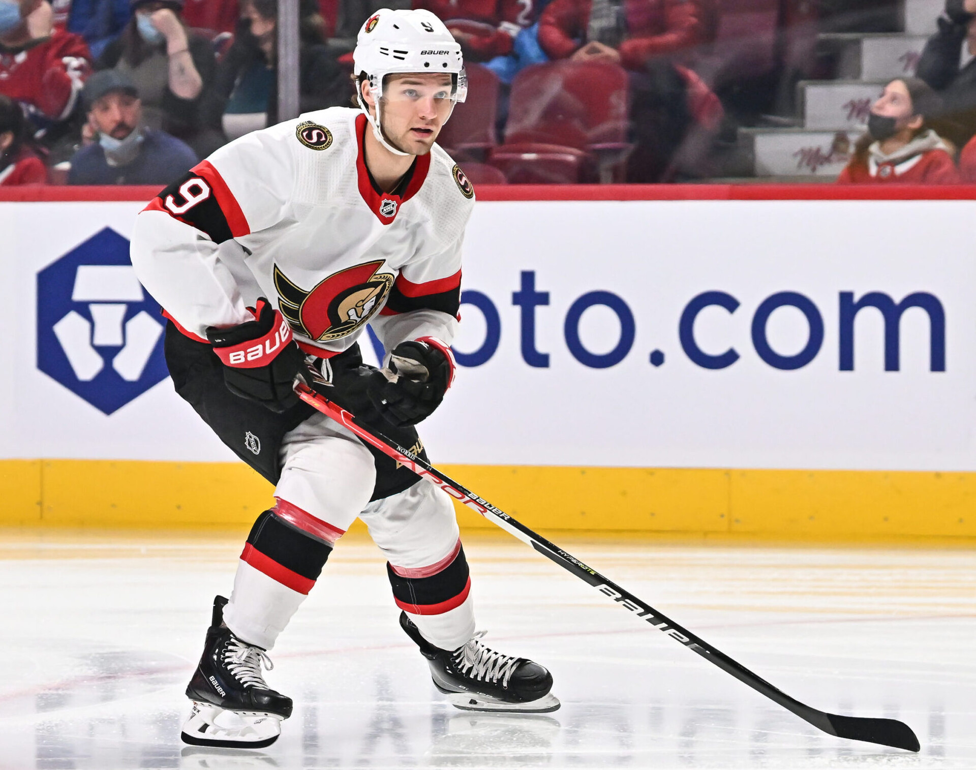osh Norris #9 of the Ottawa Senators skates against the Montreal Canadiens during the first period at Centre Bell on March 19, 2022 in Montreal, Canada.