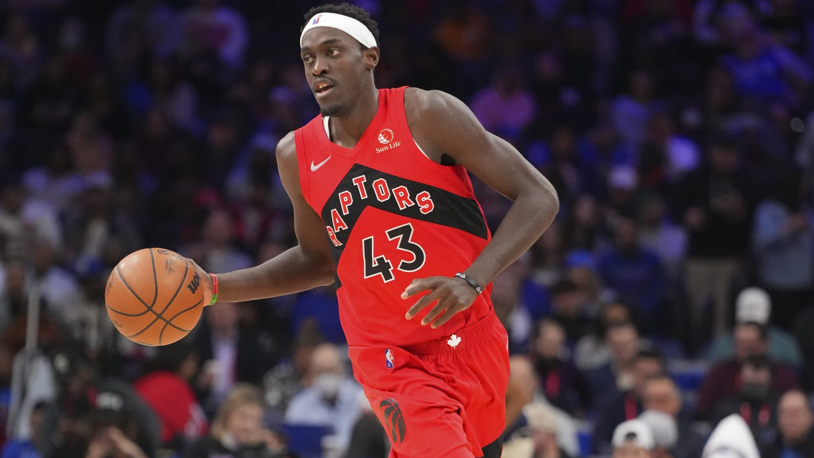 Pascal Siakam #43 of the Toronto Raptors dribbles the ball against the Philadelphia 76ers at the Wells Fargo Center on March 20, 2022 in Philadelphia, Pennsylvania.