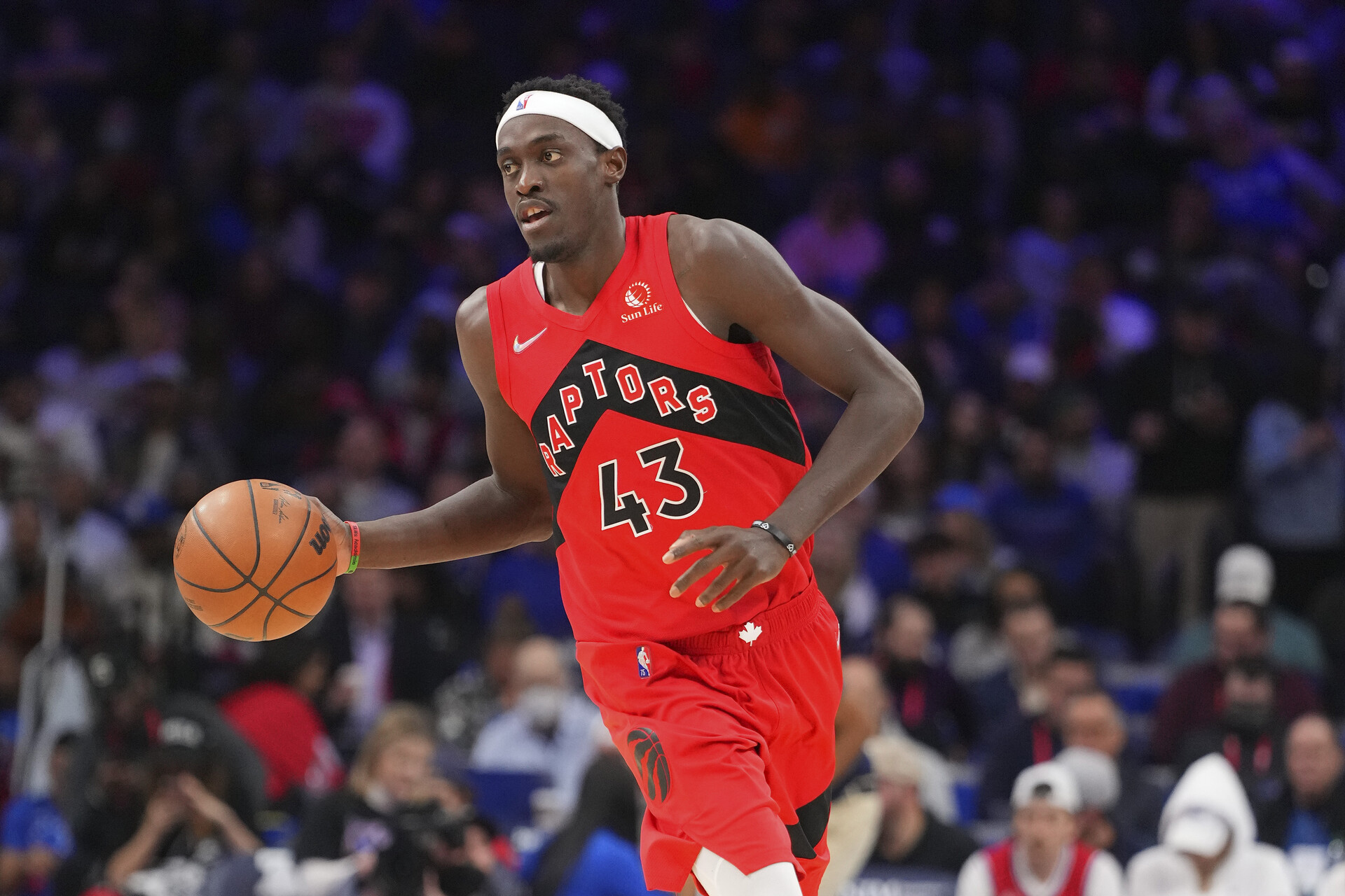 Pascal Siakam #43 of the Toronto Raptors dribbles the ball against the Philadelphia 76ers at the Wells Fargo Center on March 20, 2022 in Philadelphia, Pennsylvania.