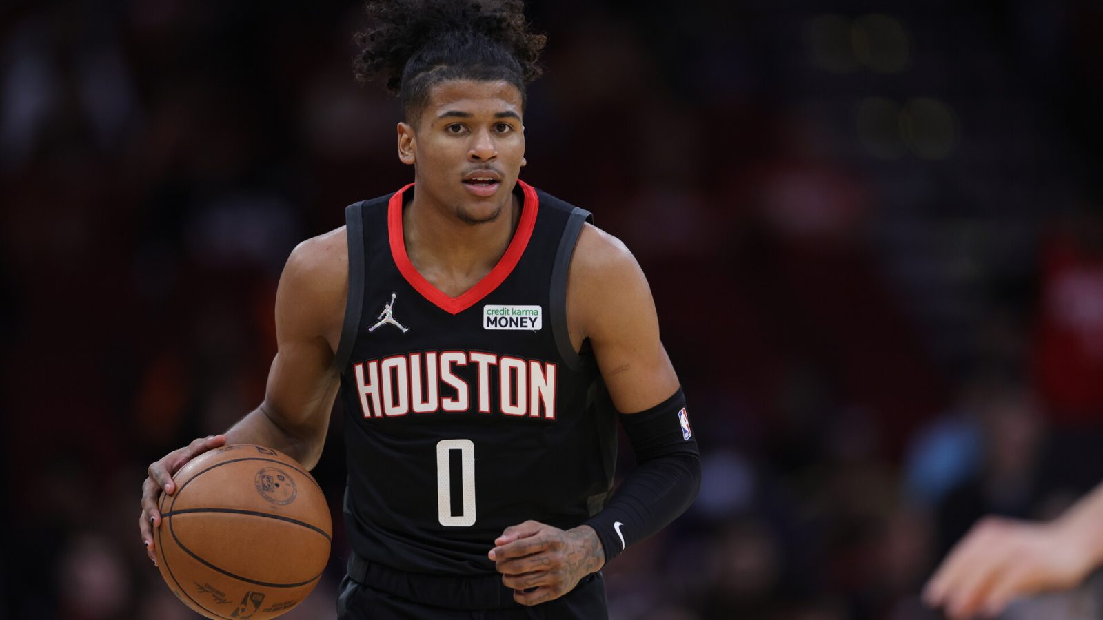 Jalen Green #0 of the Houston Rockets controls the ball during the first quarter against the Washington Wizards at Toyota Center on March 21, 2022 in Houston, Texas.