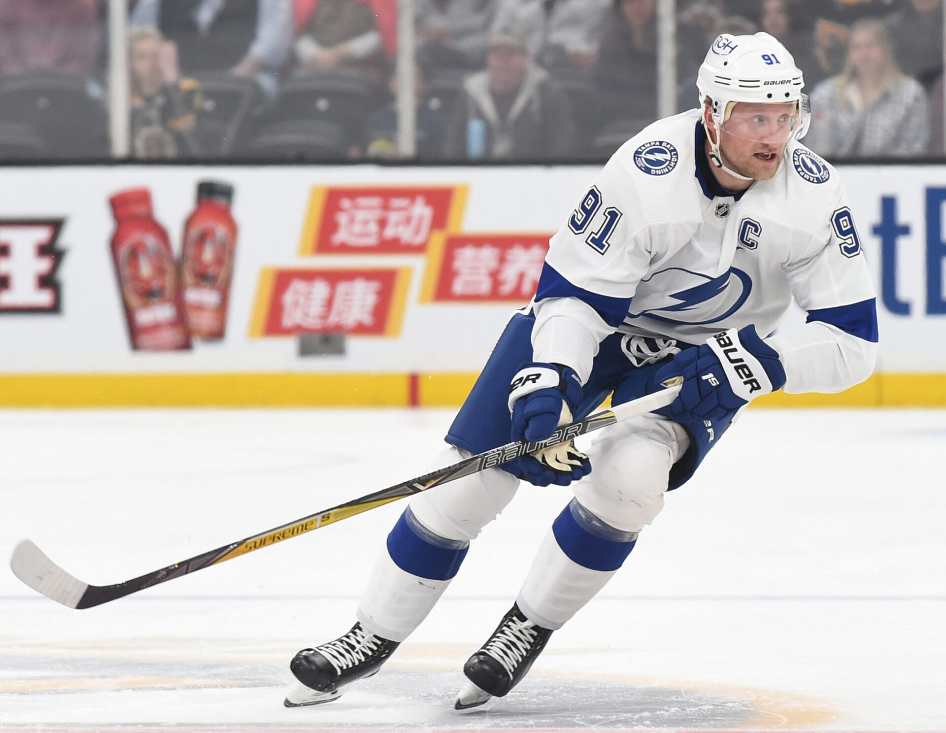Steven Stamkos #91 of the Tampa Bay Lightning skates against the Boston Bruins at the TD Garden on March 24, 2022 in Boston, Massachusetts.