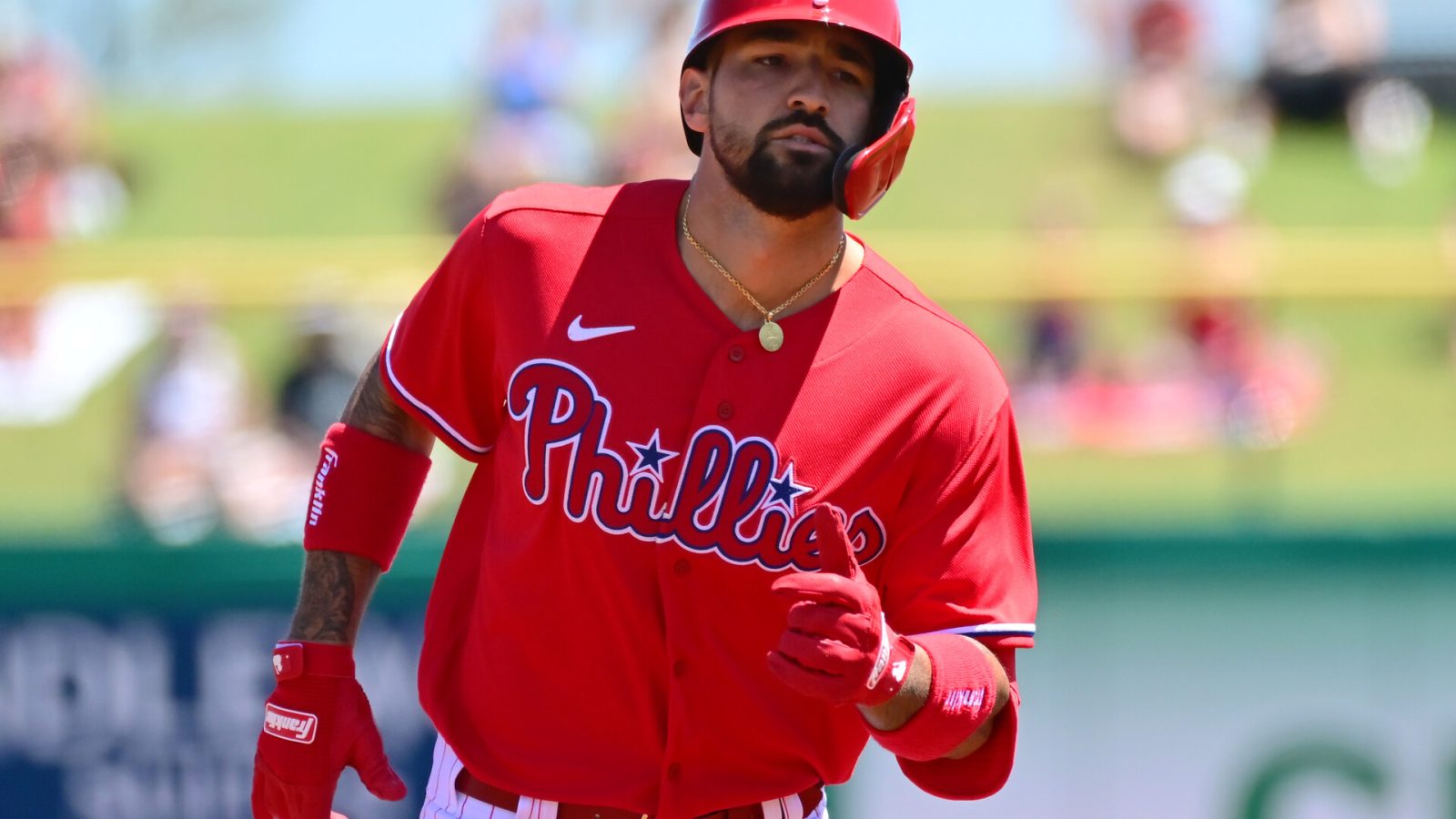 Nick Castellanos #8 of the Philadelphia Phillies runs the bases after hitting a two-run home run in the first inning against the Baltimore Orioles during the spring training game at BayCare Ballpark on March 28, 2022 in Clearwater, Florida.