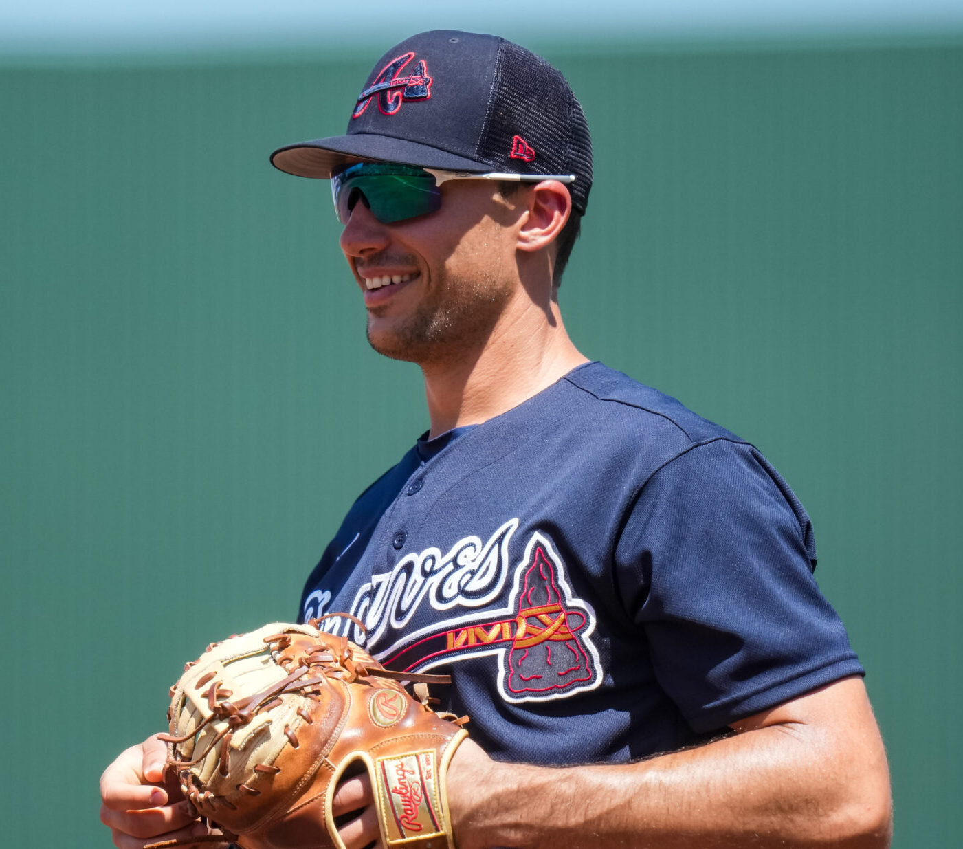 Matt Olson #28 of the Atlanta Braves looks on during a spring training game against the Minnesota Twins on March 22, 2022 at Hammond Stadium in Fort Myers, Florida