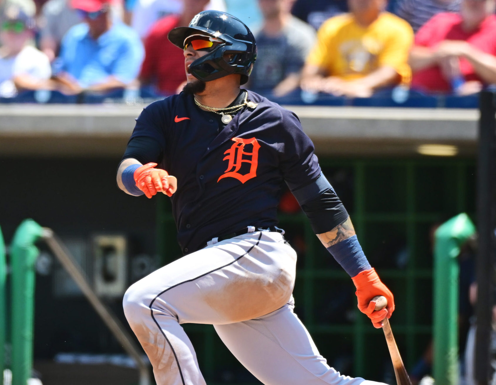 Javier Baez #28 of the Detroit Tigers hits a single in the fifth inning against the Philadelphia Phillies