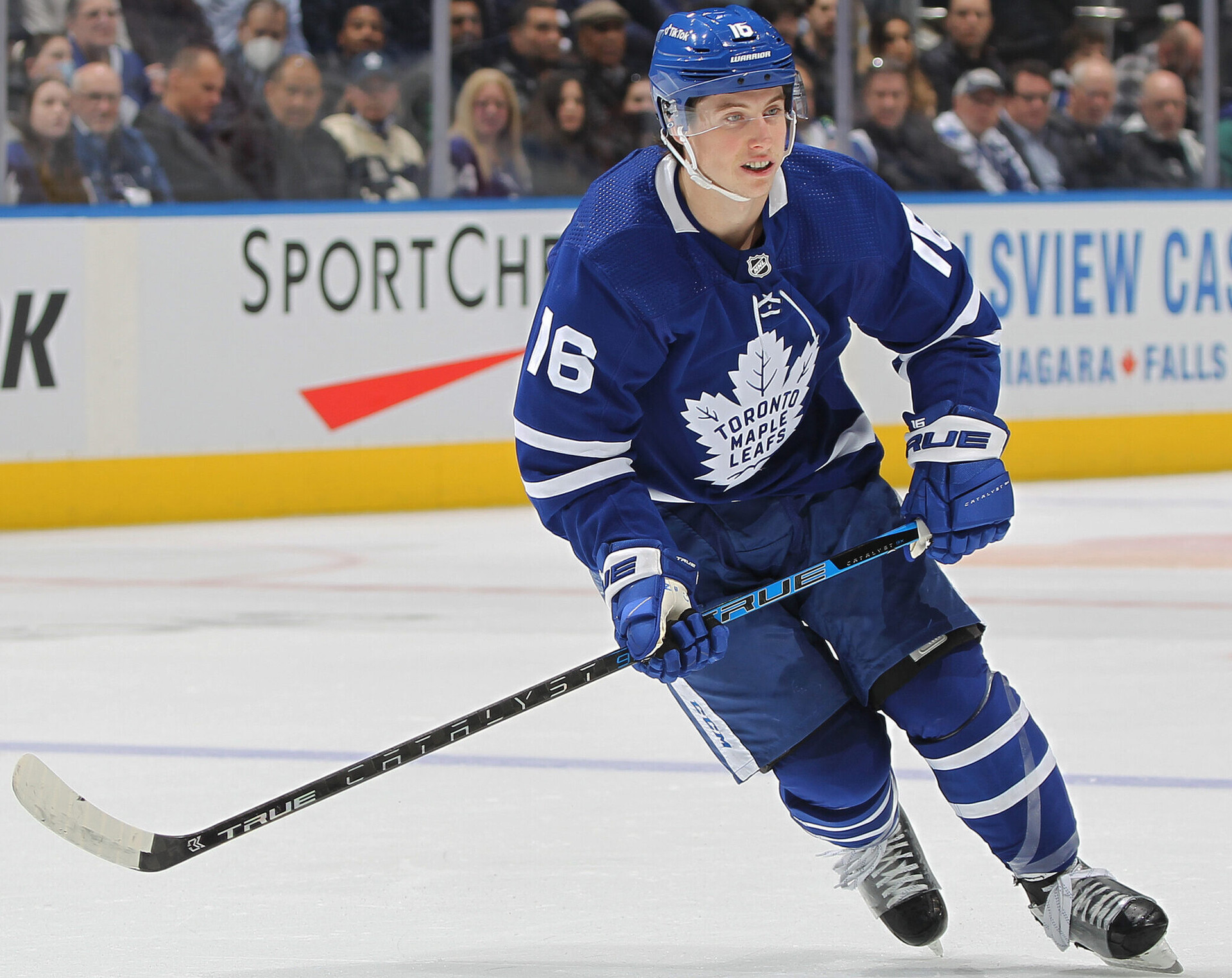 Mitchell Marner #16 of the Toronto Maple Leafs skates against the Winnipeg Jets during an NHL game at Scotiabank Arena