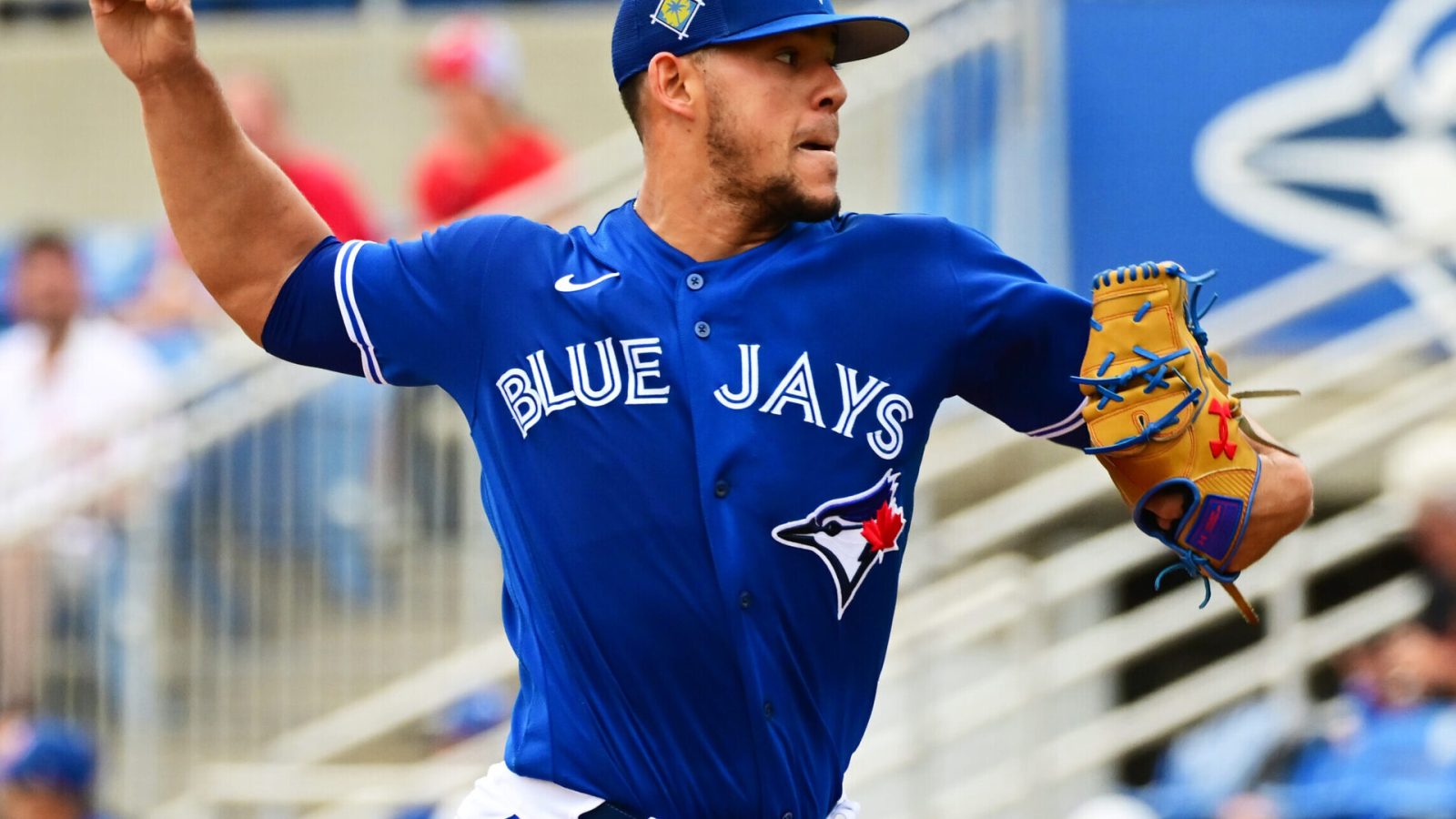 Jose Berrios #17 of the Toronto Blue Jays delivers a pitch to the Philadelphia Phillies in the first inning during a Grapefruit League spring training game at TD Ballpark