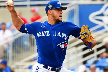 Jose Berrios #17 of the Toronto Blue Jays delivers a pitch to the Philadelphia Phillies in the first inning during a Grapefruit League spring training game at TD Ballpark