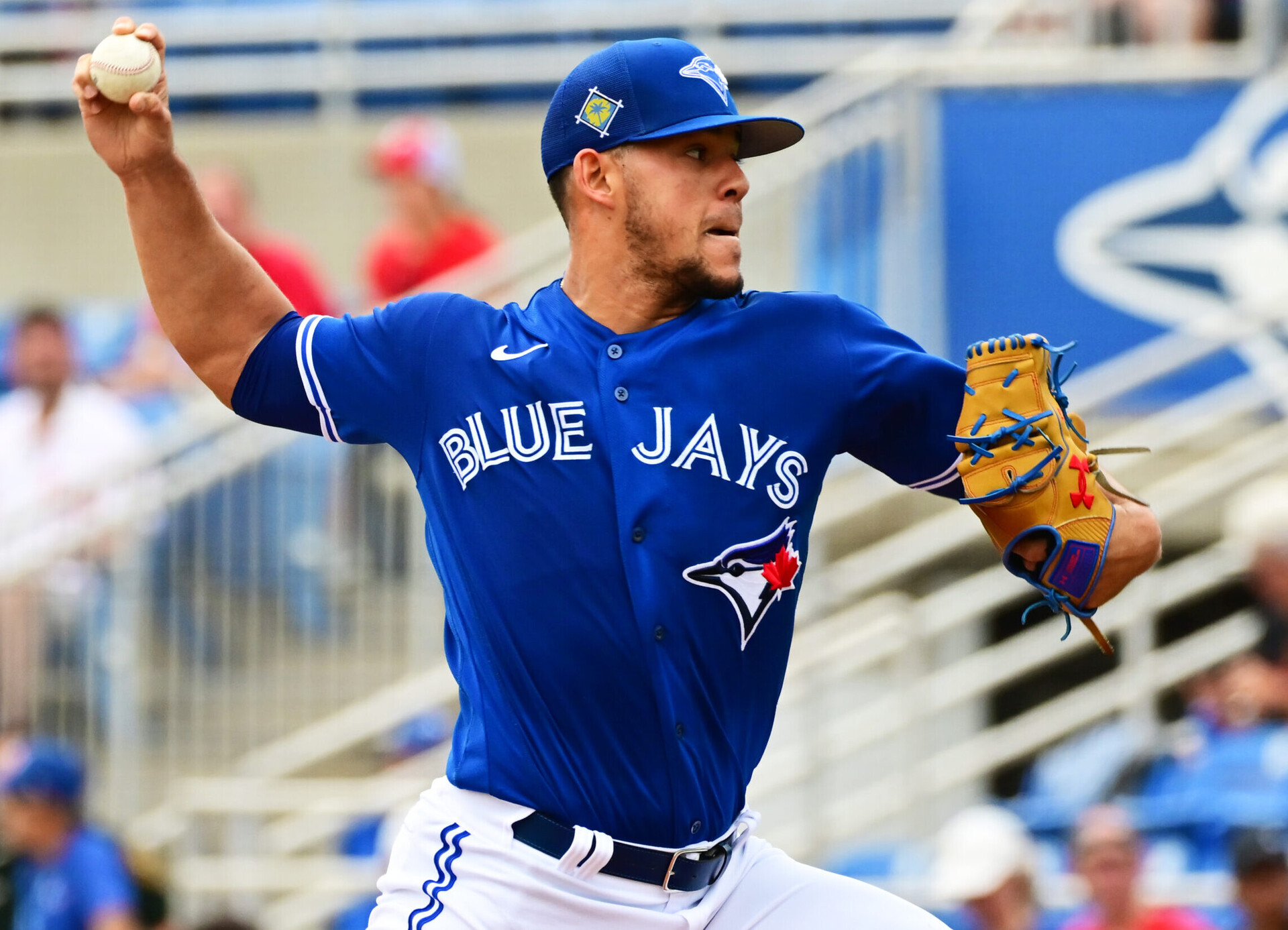 Jose Berrios #17 of the Toronto Blue Jays delivers a pitch to the Philadelphia Phillies in the first inning during a Grapefruit League spring training game at TD Ballpark