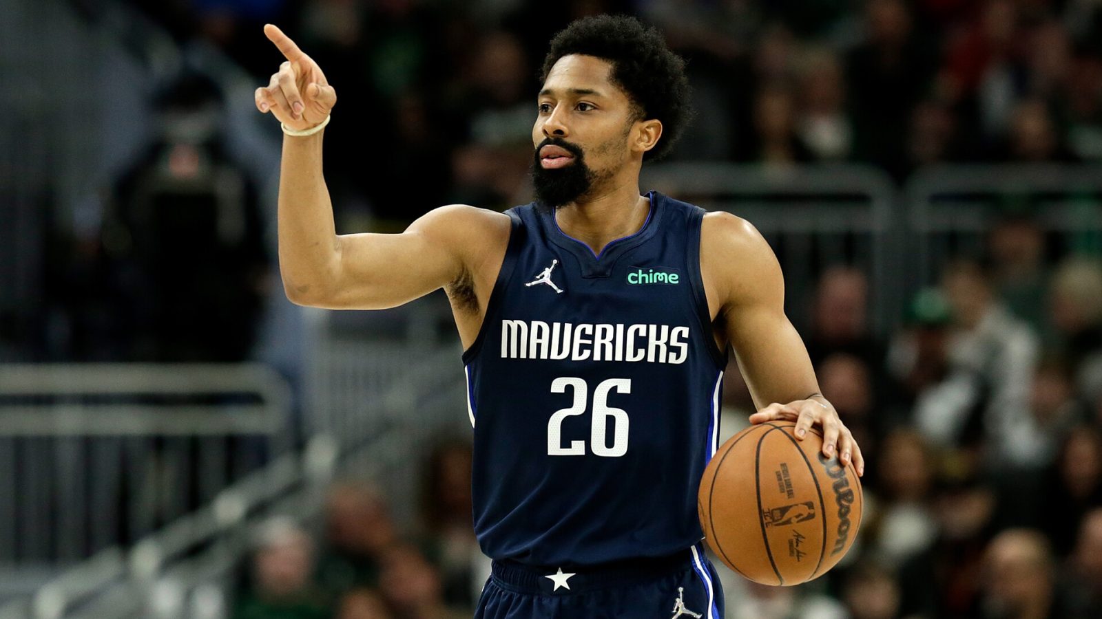 Spencer Dinwiddie #26 of the Dallas Mavericks calls out a play during the second half of the game against the Milwaukee Bucks at Fiserv Forum on April 03, 2022 in Milwaukee, Wisconsin.