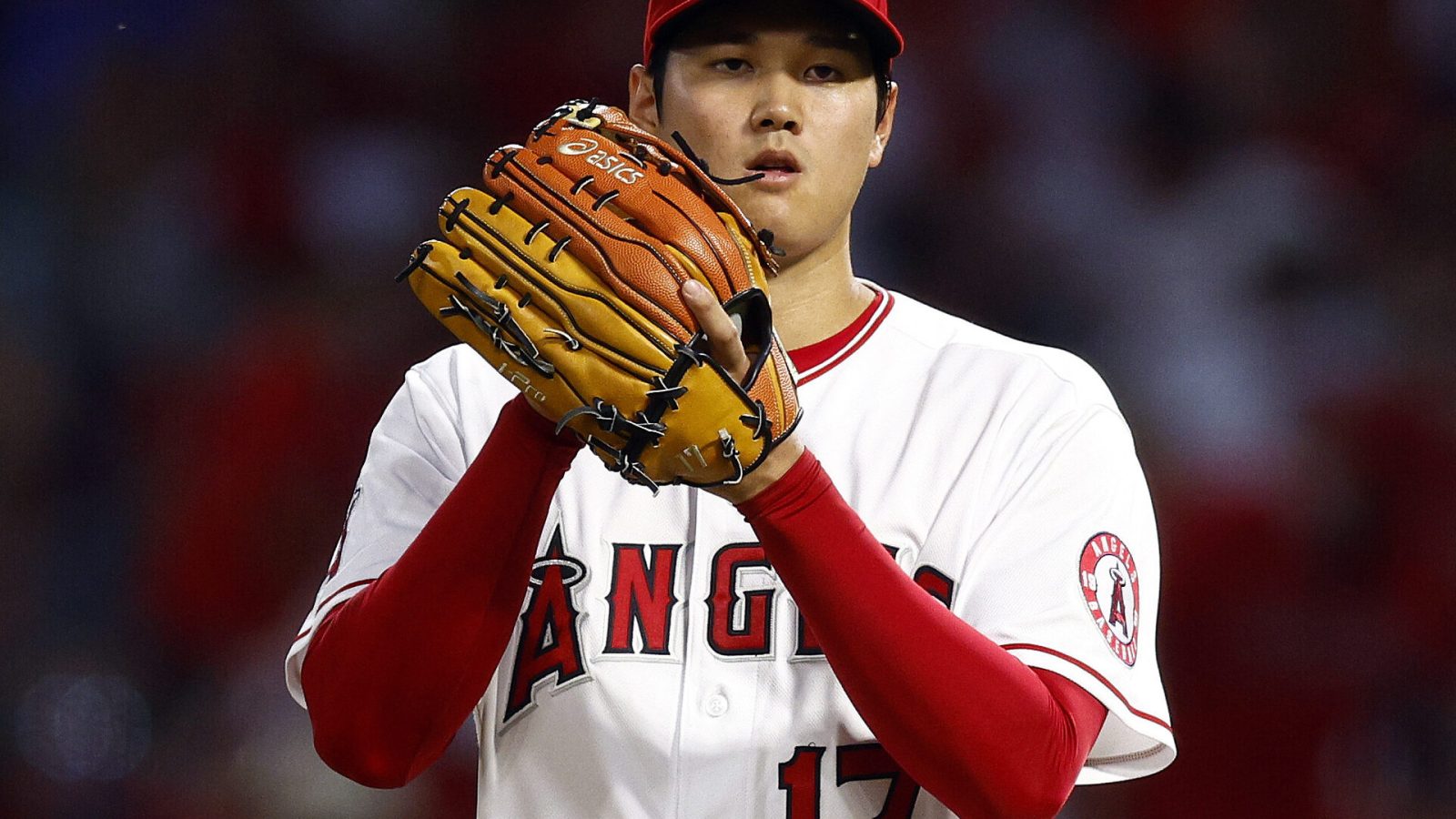 Shohei Ohtani #17 of the Los Angeles Angels on Opening Day at Angel Stadium of Anaheim on April 07, 2022 in Anaheim, California.