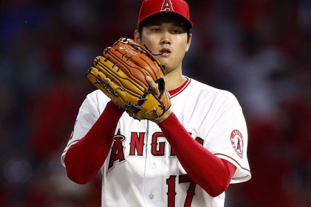 Shohei Ohtani #17 of the Los Angeles Angels on Opening Day at Angel Stadium of Anaheim on April 07, 2022 in Anaheim, California.