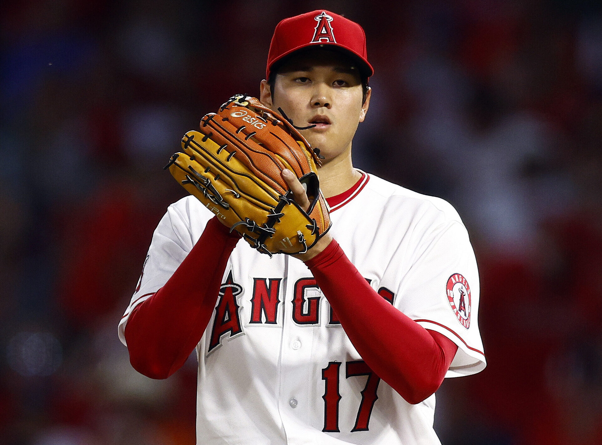 Shohei Ohtani #17 of the Los Angeles Angels on Opening Day at Angel Stadium of Anaheim on April 07, 2022 in Anaheim, California.
