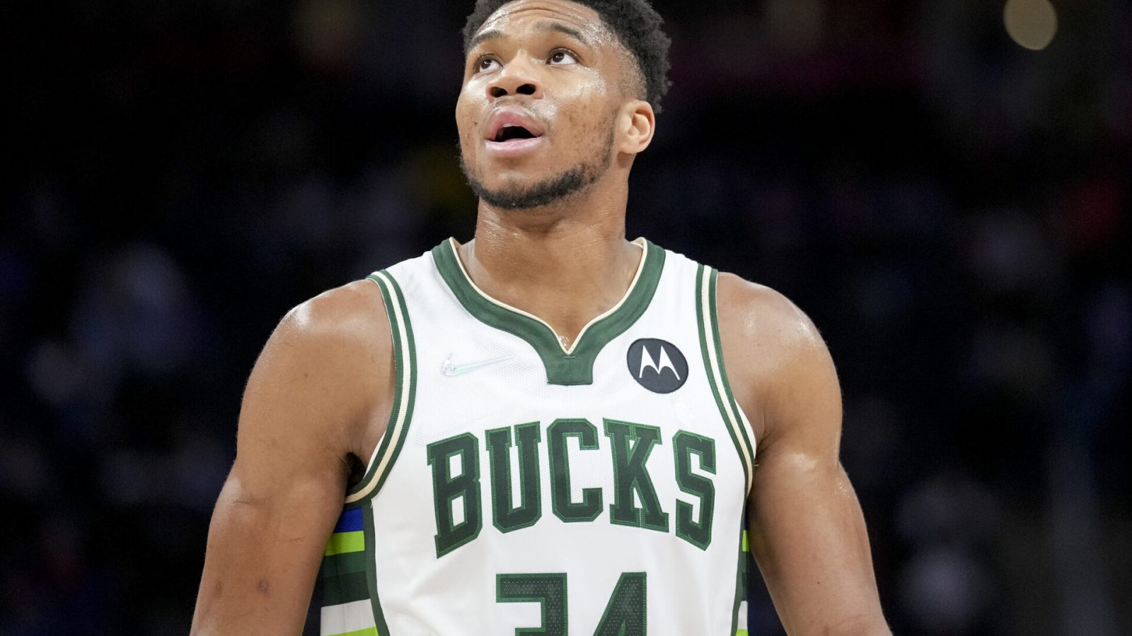 Giannis Antetokounmpo #34 of the Milwaukee Bucks looks on against the Detroit Pistons at Little Caesars Arena on April 08, 2022 in Detroit, Michigan.