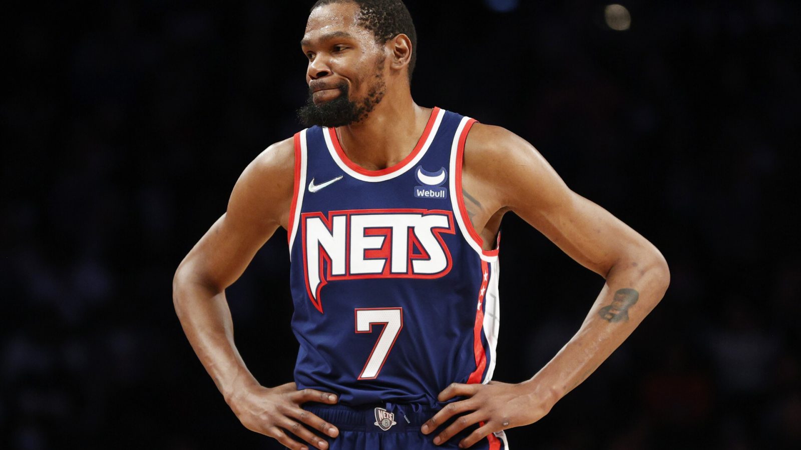 Kevin Durant #7 of the Brooklyn Nets reacts during the first half against the Cleveland Cavaliers at Barclays Center on April 08, 2022 in the Brooklyn borough of New York City.