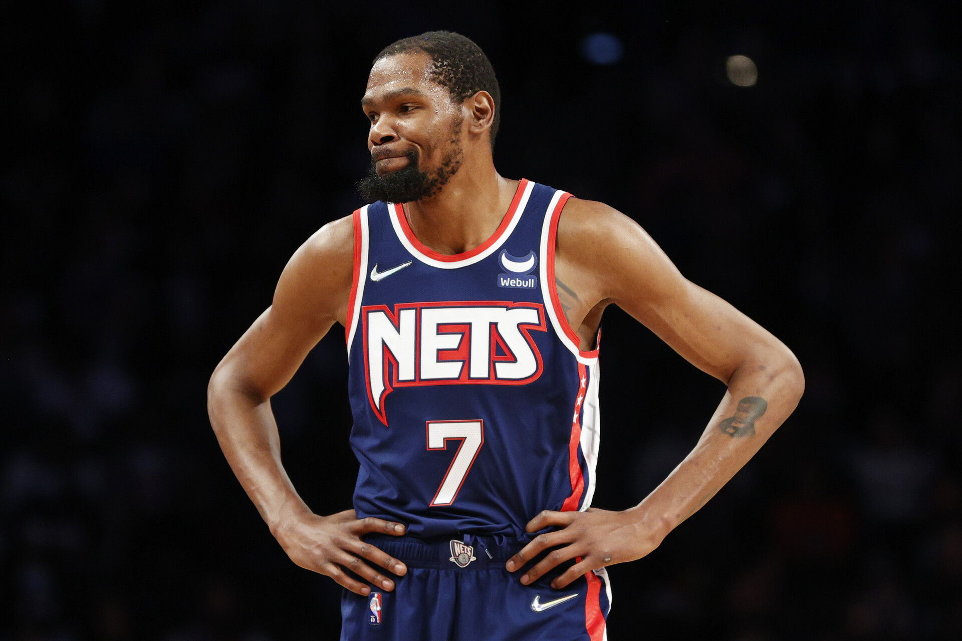 Kevin Durant #7 of the Brooklyn Nets reacts during the first half against the Cleveland Cavaliers at Barclays Center on April 08, 2022 in the Brooklyn borough of New York City.