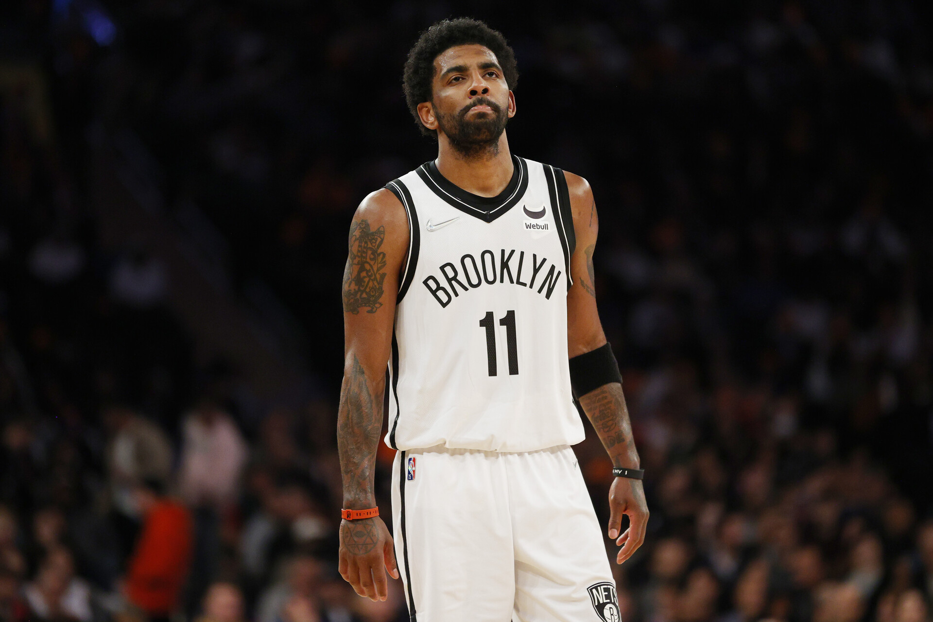 Kyrie Irving #11 of the Brooklyn Nets looks on during the second half against the New York Knicks at Madison Square Garden on April 06, 2022 in New York City. The Nets won 110-98.
