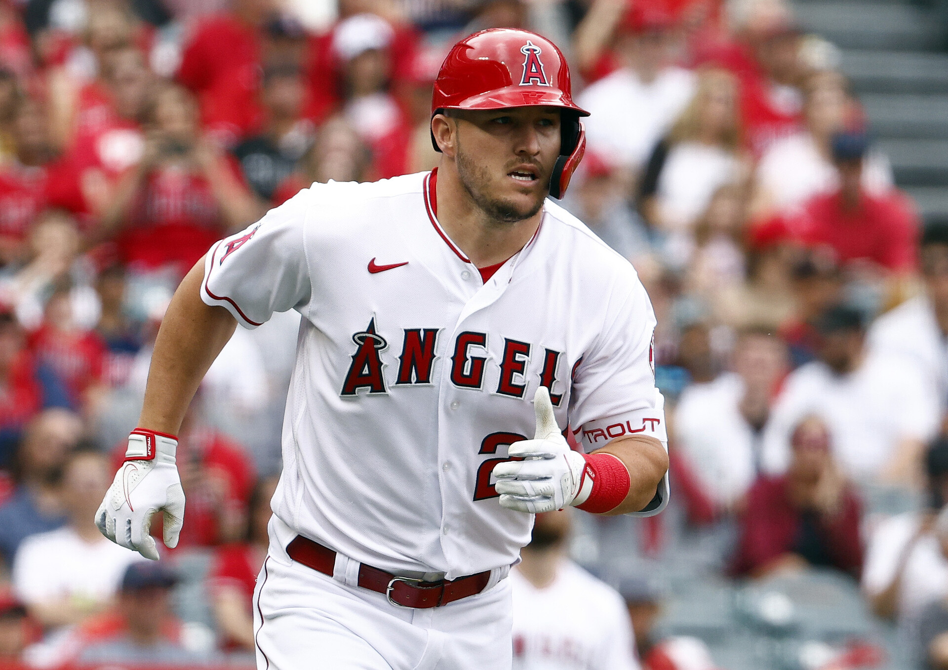 Mike Trout #27 of the Los Angeles Angels in the first inning at Angel Stadium of Anaheim on April 10, 2022 in Anaheim, California.