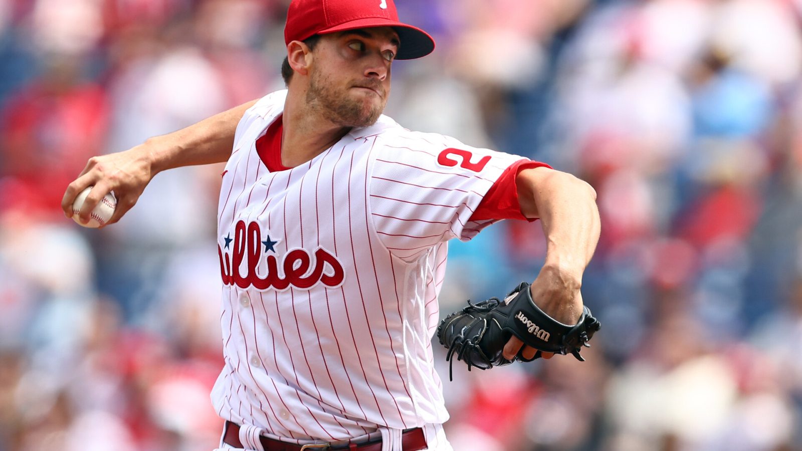 Aaron Nola #27 of the Philadelphia Phillies in action against the New York Mets during a game at Citizens Bank Park on April 13, 2022 in Philadelphia, Pennsylvania.