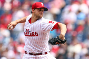 Aaron Nola #27 of the Philadelphia Phillies in action against the New York Mets during a game at Citizens Bank Park on April 13, 2022 in Philadelphia, Pennsylvania.